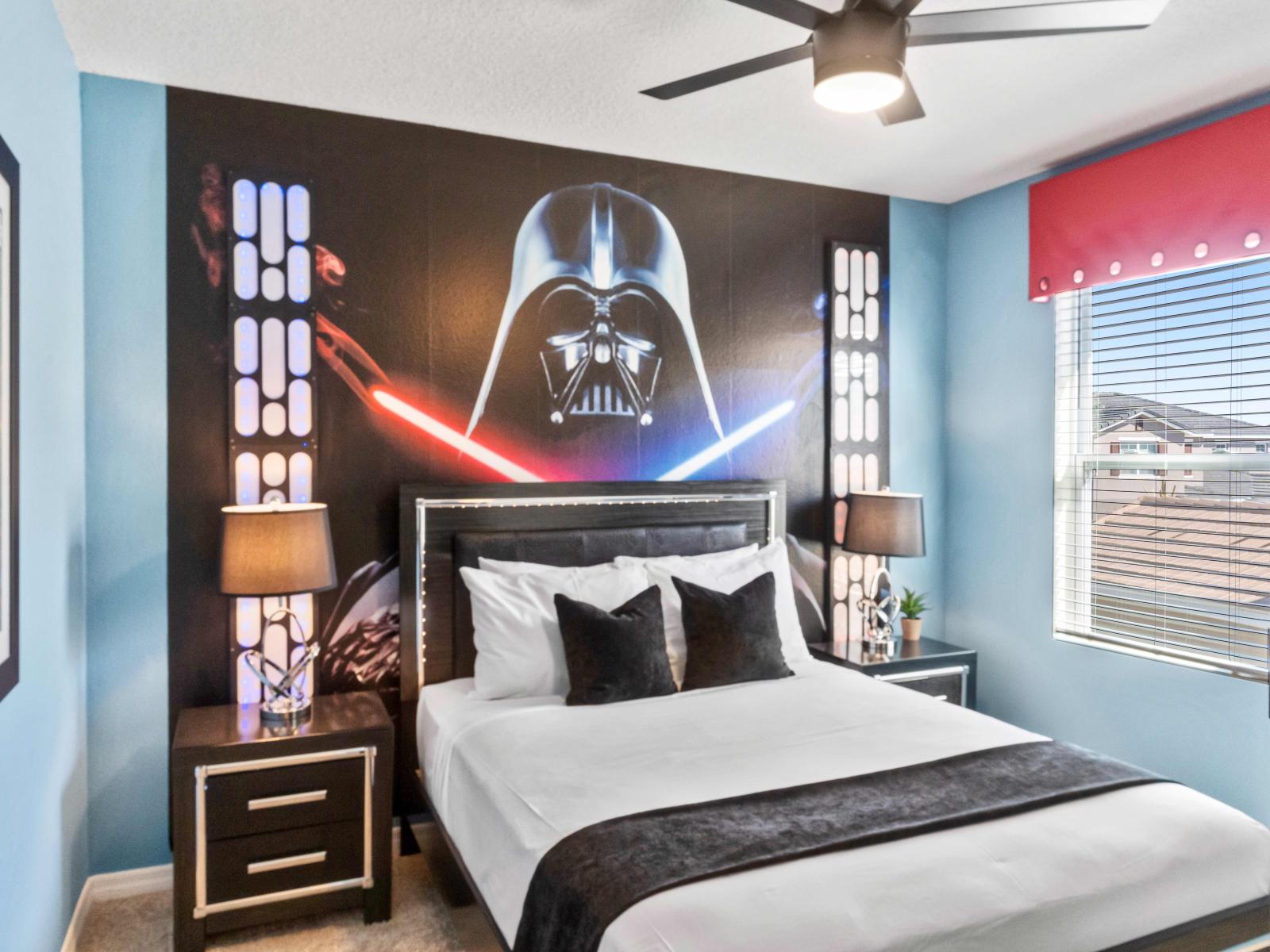 Star Wars Theme of the home in Davenport Florida - Bright and airy bedroom with large windows for natural illumination - Stunning views from the bedroom window - Cozy retreat with a plush double bed, perfect for relaxation