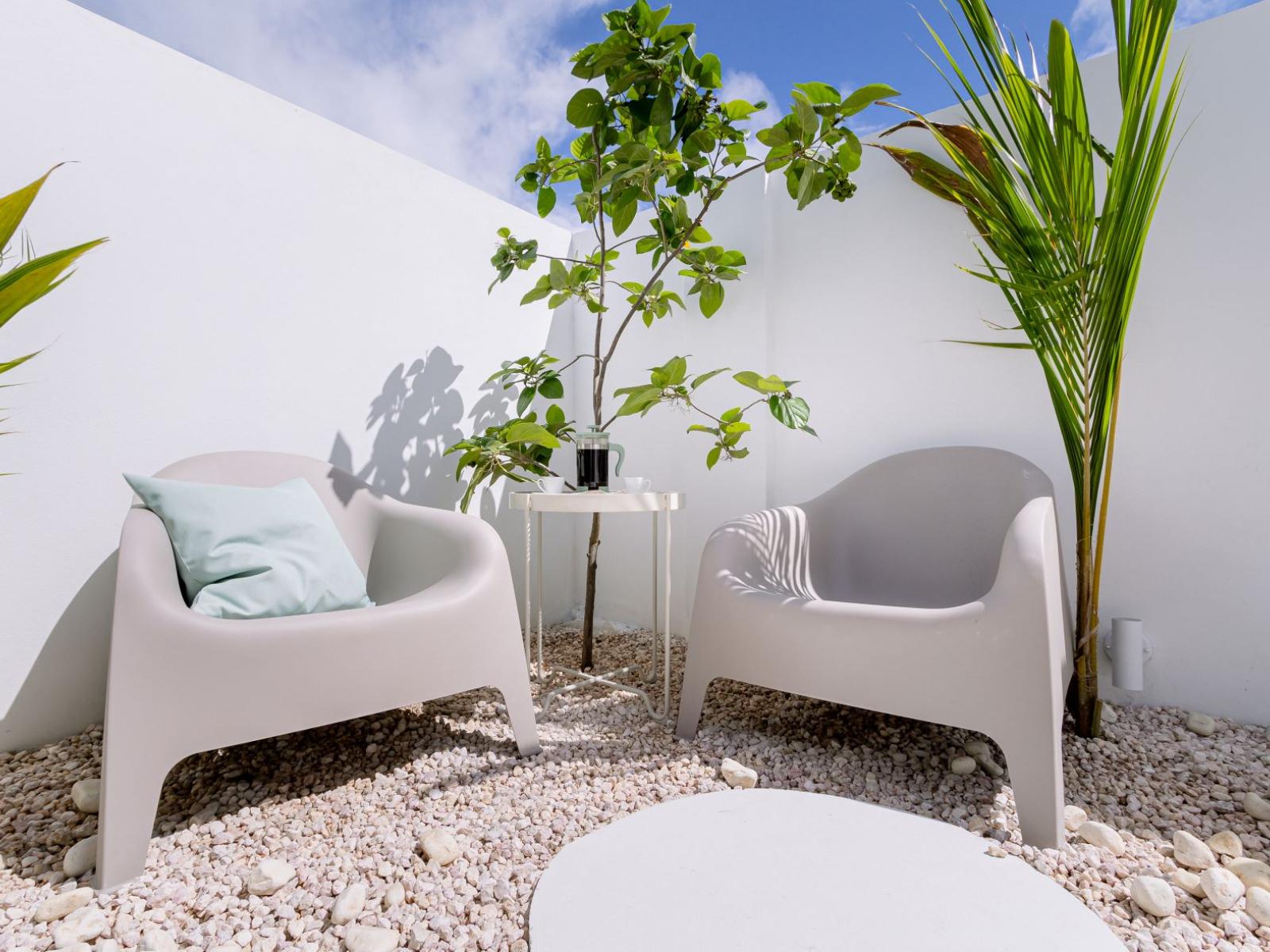 Cozy outdoor Seating of the Home in Oranjestad Aruba - Artfully arranged plants for a touch of nature -  Seating for enjoyable gatherings