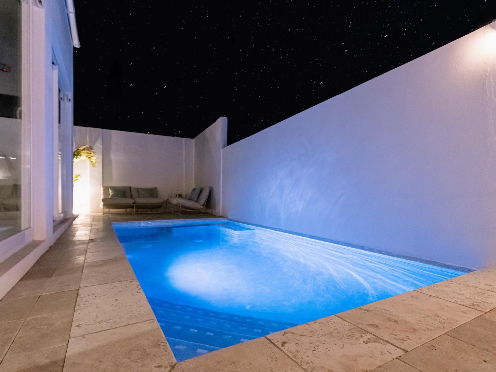 Amazing pool Area of the Home in Oranjestad Aruba - Pool at Night with pool lights - Thoughtful lighting for day and night use - Crystal-clear pool for refreshing dips