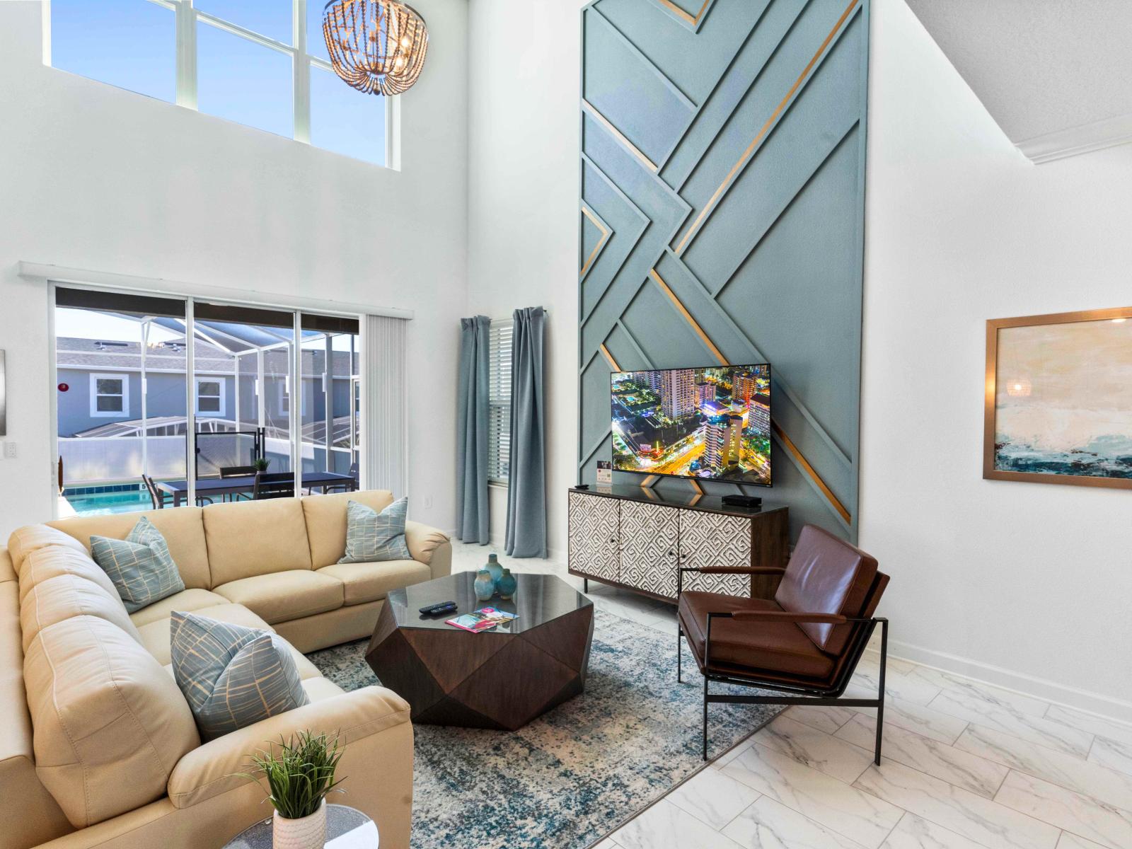 Lavish Living Area of the Townhouse in Davenport Florida - Smart TV and Netflix - Chic and contemporary living area design with clean lines and modern furnishings - Cozy seating area conducive to relaxation and socializing