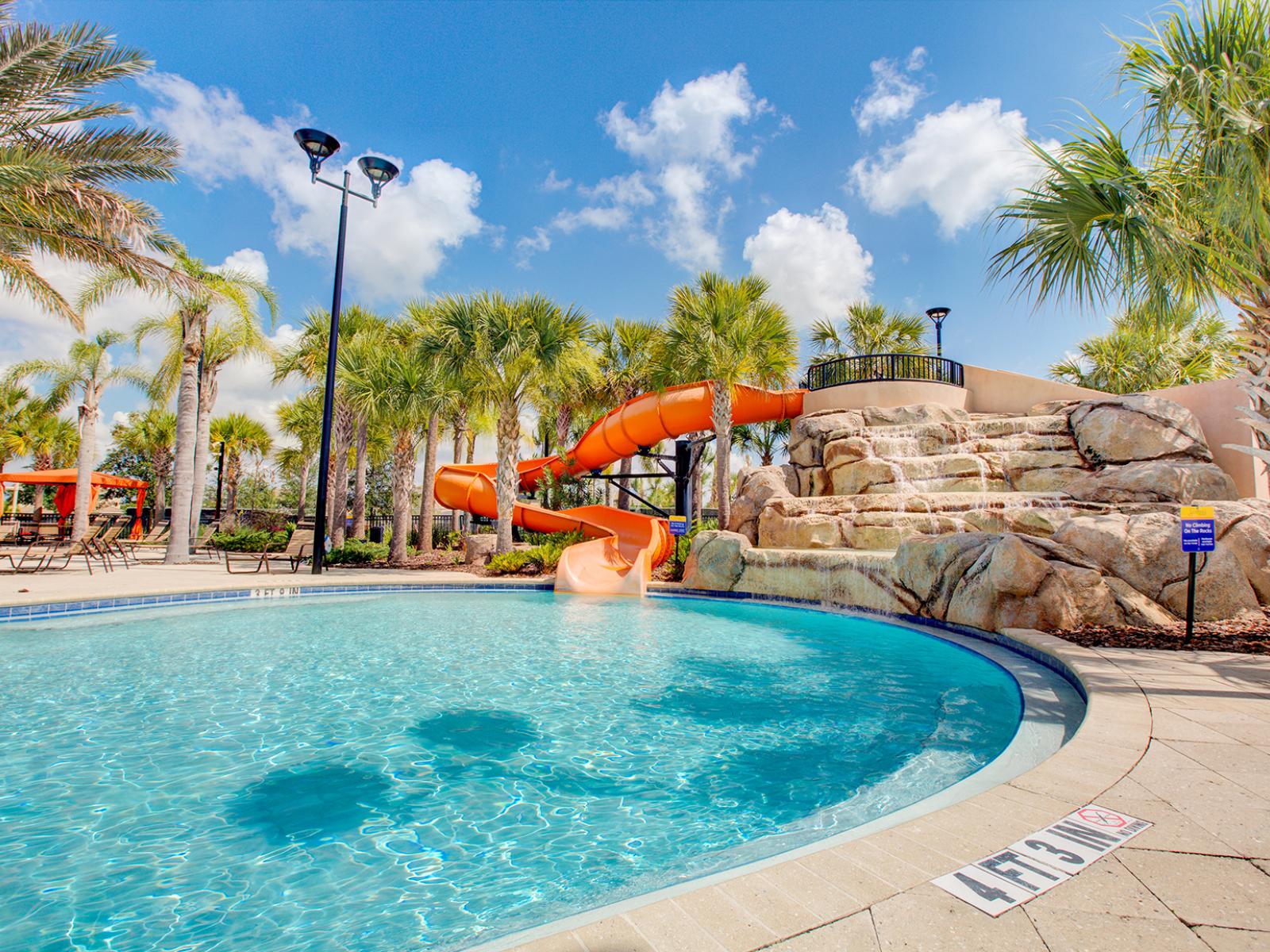 Whether you’re diving into the sparkling blue water, plunging down the thrilling water slide, winding down the lazy river, or just lounging in a poolside cabana, this vacation oasis delivers next-level relaxation and entertainment.