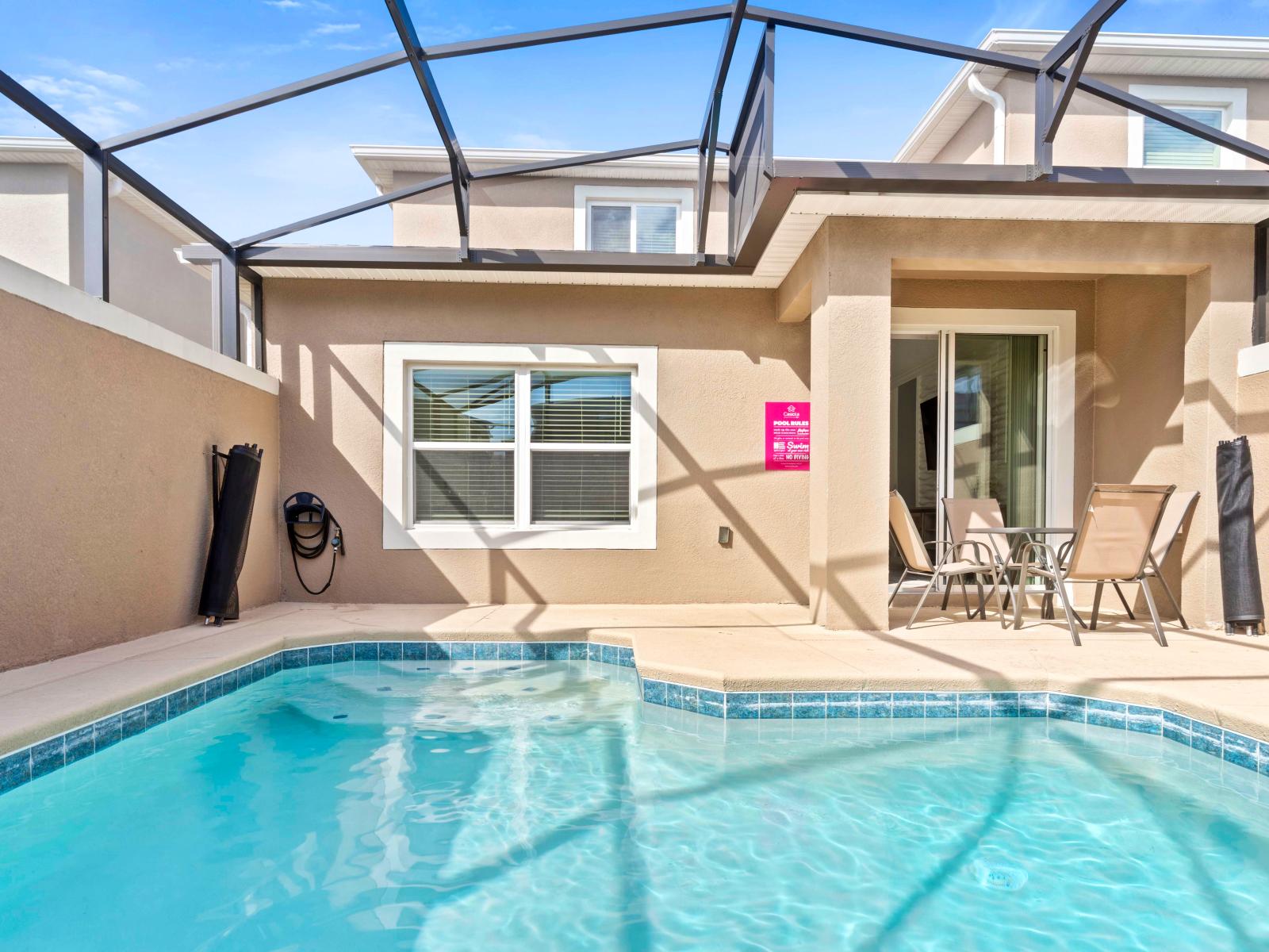 Enjoy Your Own Private Pool and Patio Retreat, Perfect for Unwinding and Soaking Up the Sun.