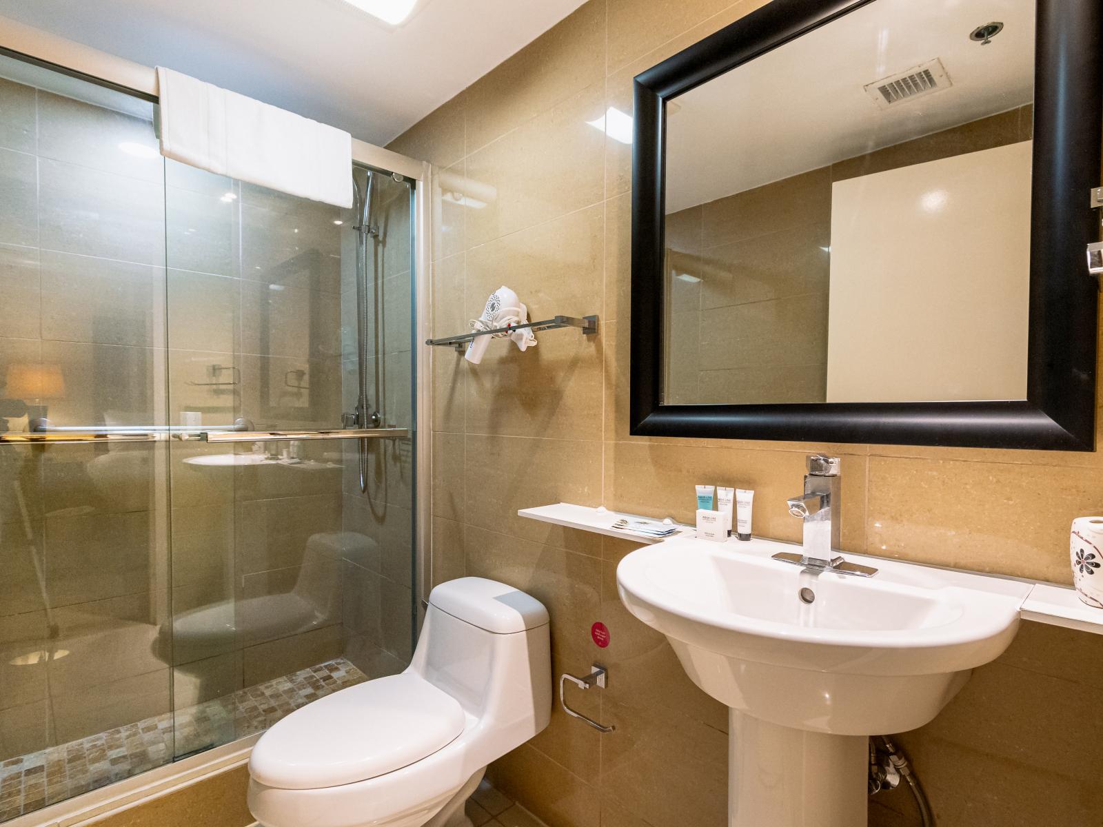 Classy Bathroom of the condo in Noord Aruba - Neat and clean toilet seat - Availability of all bathroom amenities - Beautiful large vanity with large size mirror  - Elegant lighting - Stunning separate glass shower area