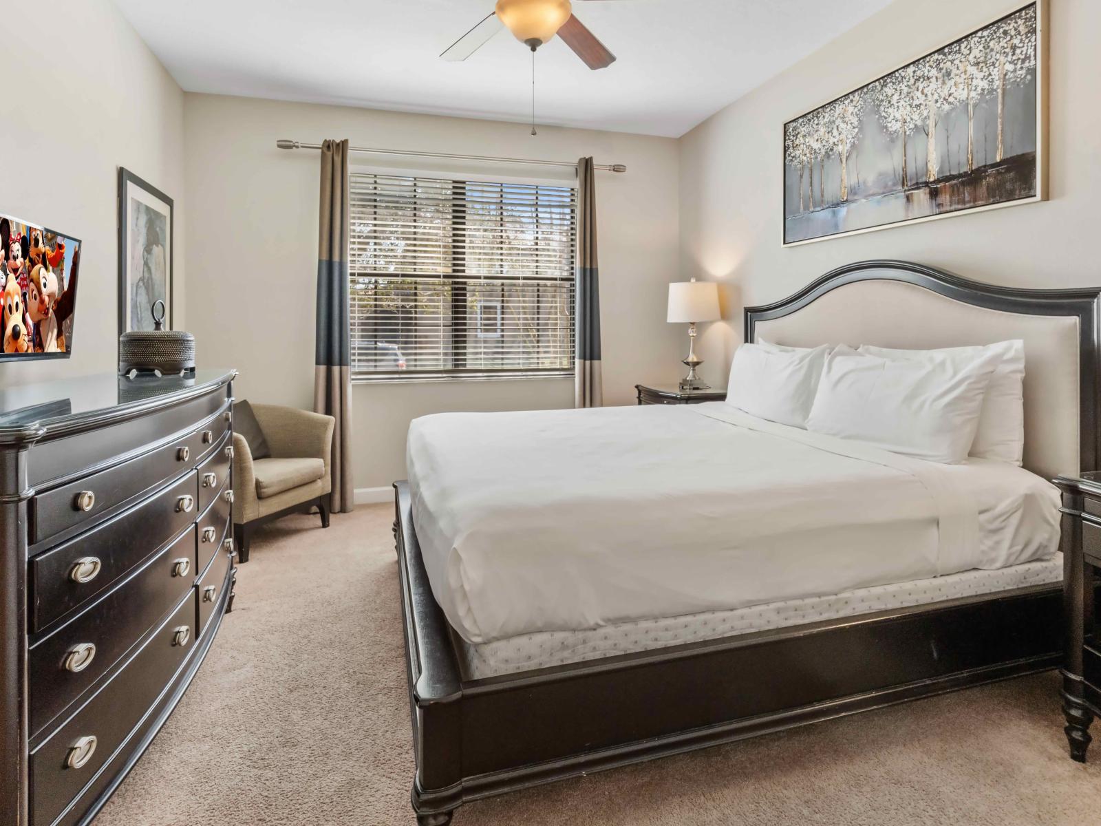 The Bedroom is a cozy retreat where guests can unwind and enjoy a restful night's sleep.