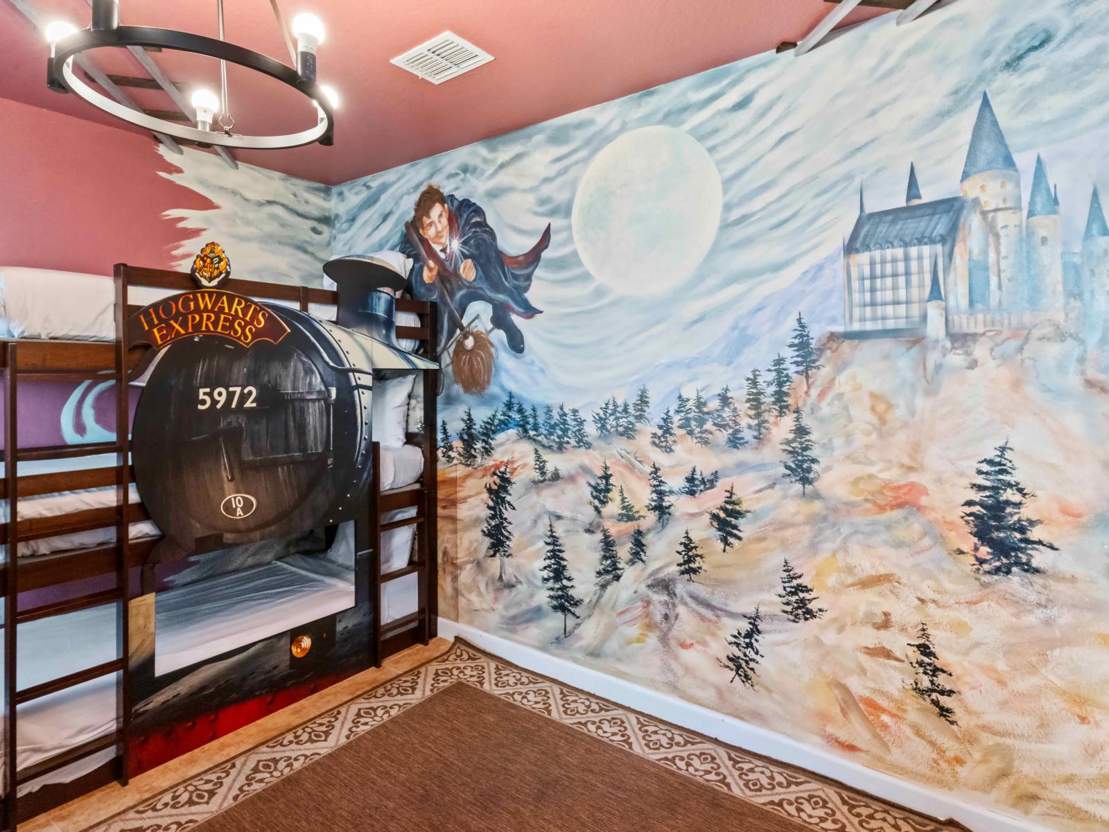 This bedroom is adorned with iconic imagery, spellbinding quotes, and whimsical decor inspired by the beloved series, it immerses guests in a magical ambiance, inviting them to embark on their own wizarding adventures.