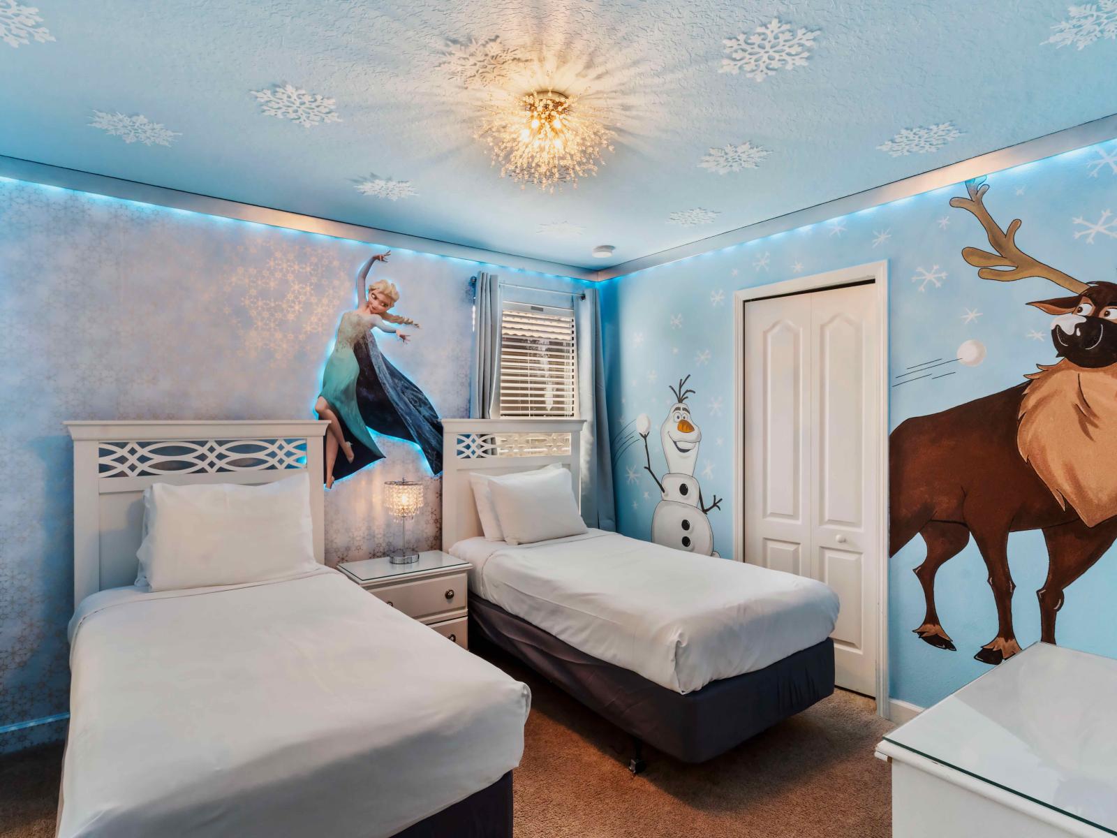 This Bedroom is a magical retreat inspired by the beloved Disney movie. With enchanting decor, icy accents, and whimsical touches, it transports guests to a winter wonderland where they can embark on their own Frozen adventure.