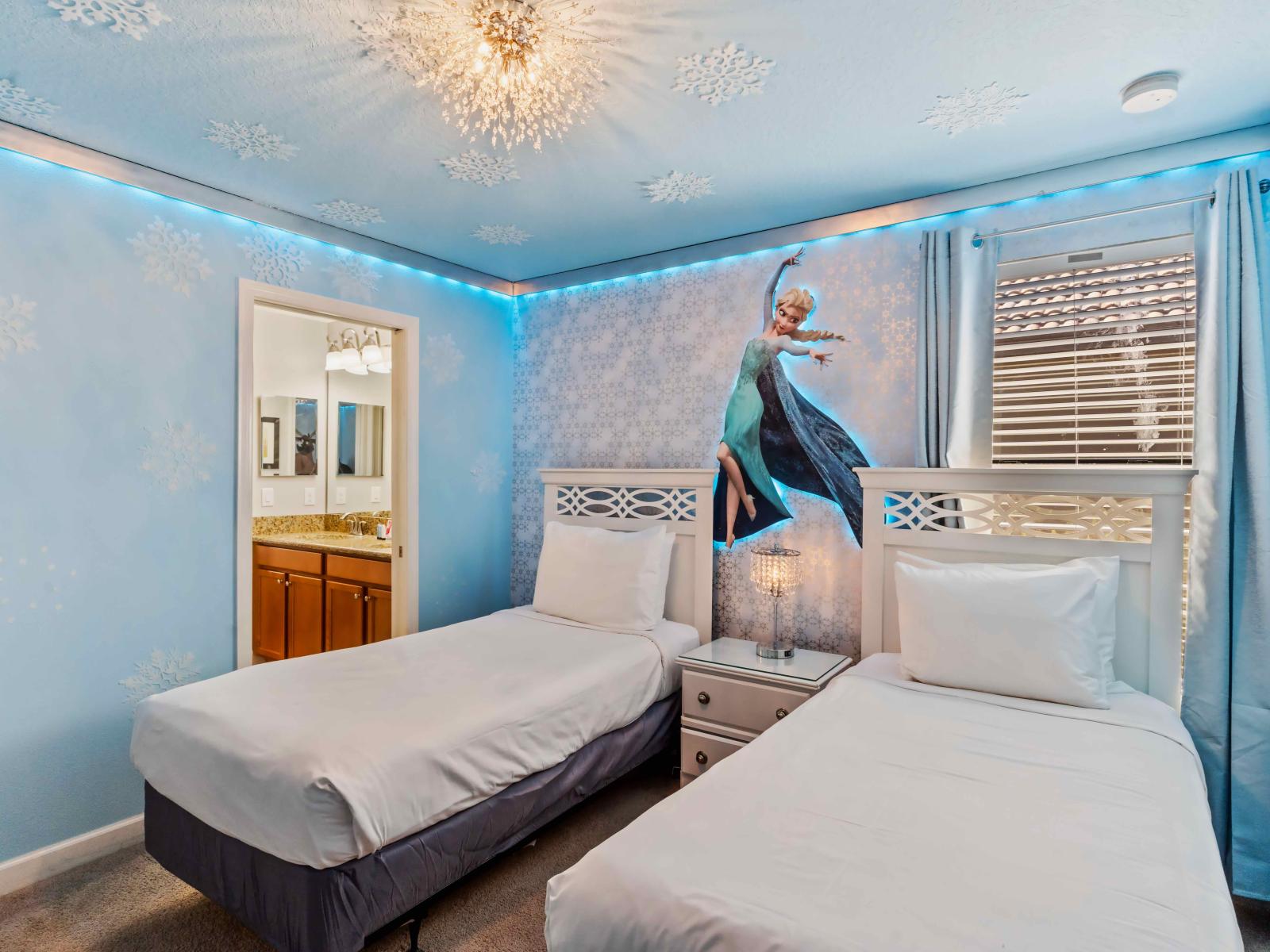 This Bedroom is adorned with enchanting scenes, icy motifs, and whimsical character Elsa  from the film, creating a delightful ambiance where dreams come to life and cherished memories are made.