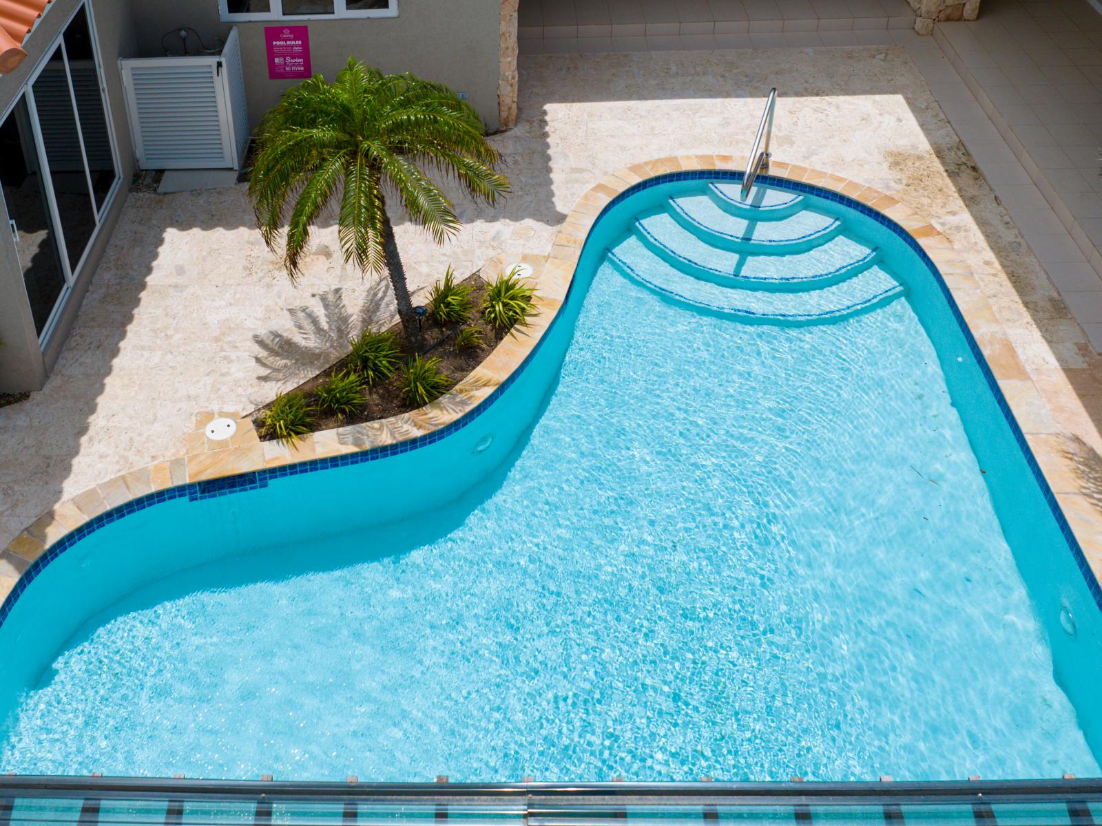 Lavish Pool Area of the Apartment Noord Aruba - Provides a relaxed atmosphere for unwinding - Designed with visual charm through landscaping - Arial View of Pool