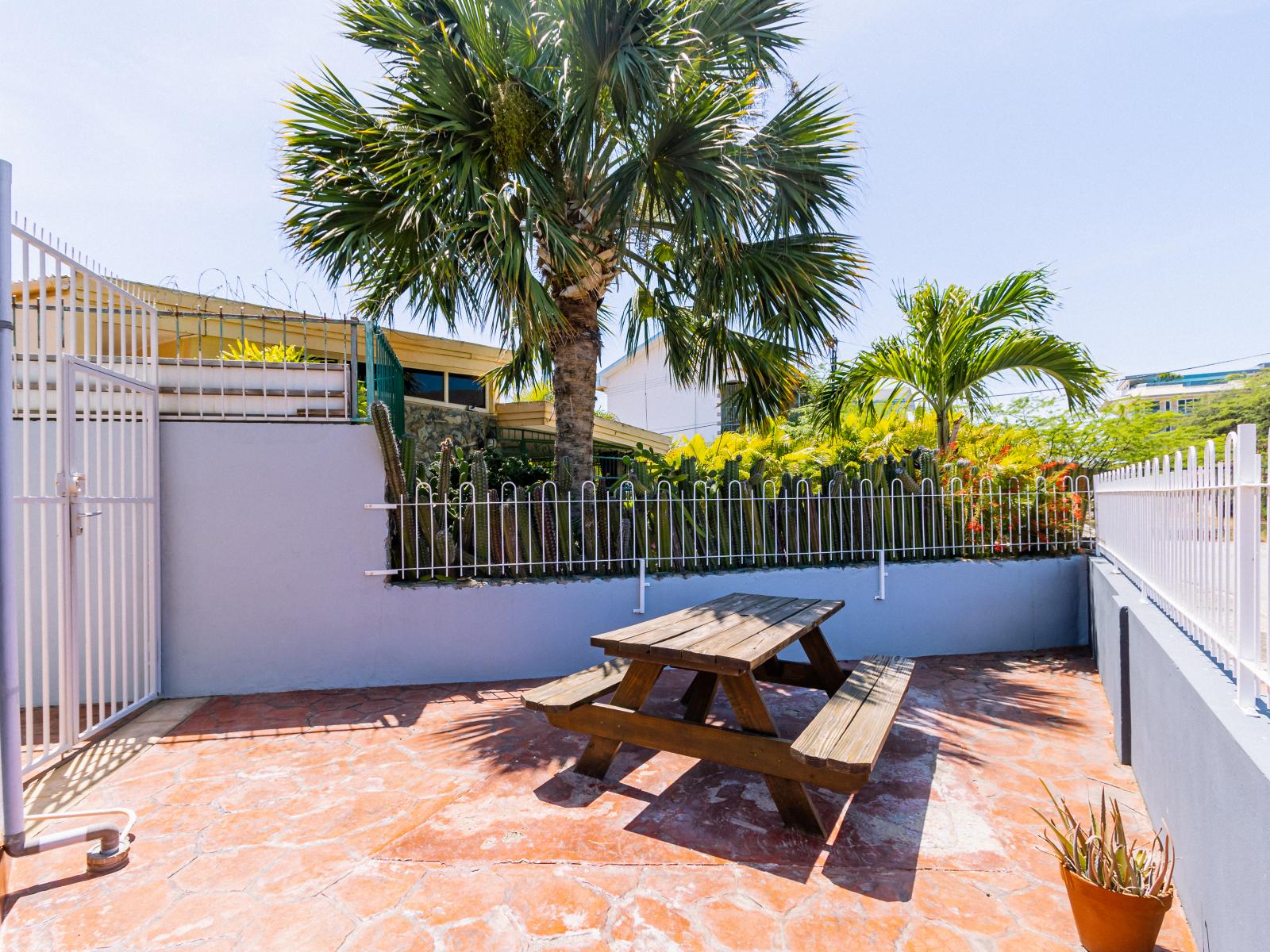 Beautiful Patio area of the Studio apartment in Oranjestad, Aruba - Great entrance - Stunning sitting table - Completely sunbathed space - Refreshing and soul enhancing environment