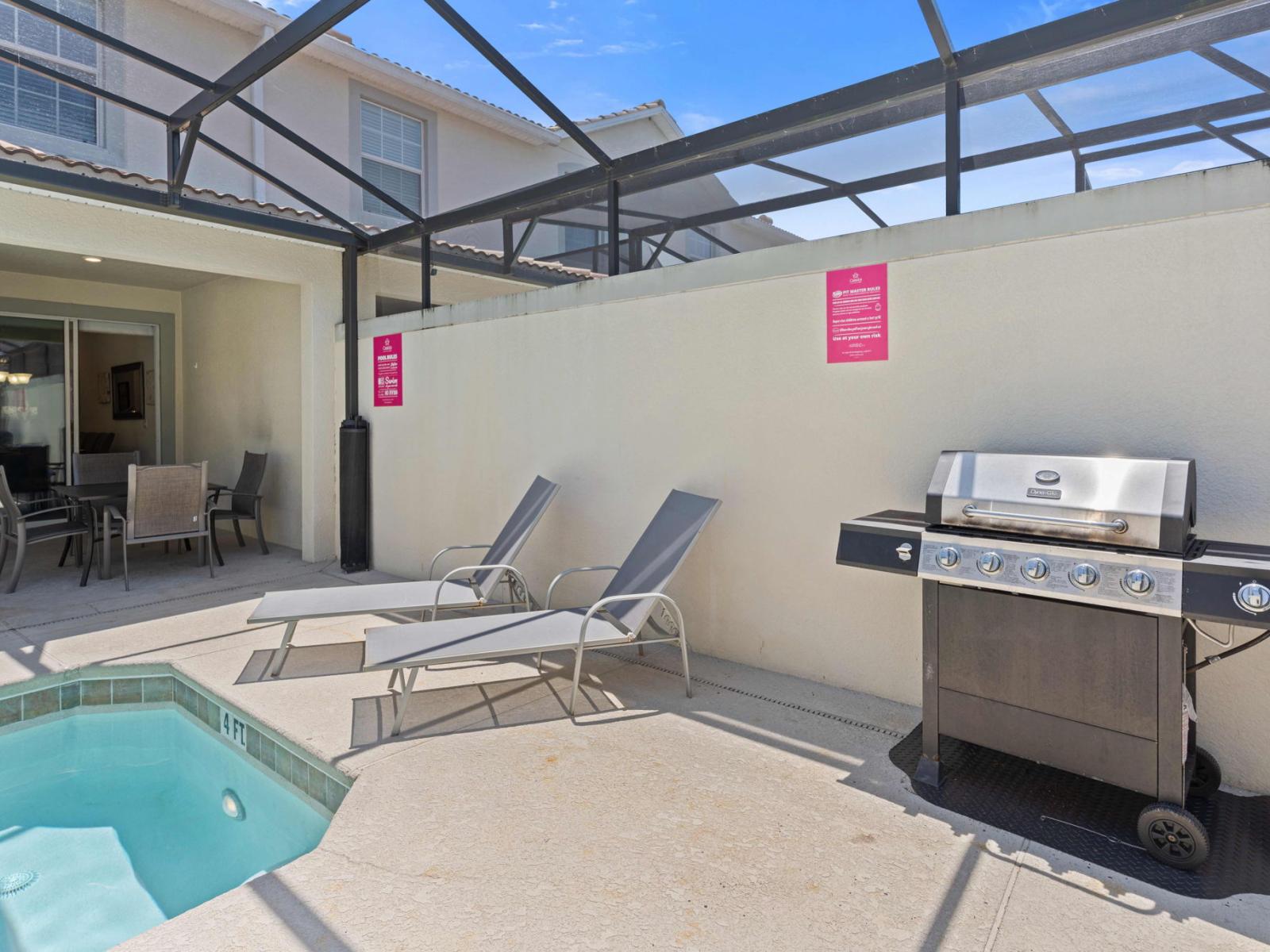 Discover your secluded haven, boasting a rejuvenating splash pool area and charming outdoor dining setup ideal for sunny days or starlit nights. Relax, feast, and immerse yourself in the peaceful ambiance of your personal sanctuary and free BBQ