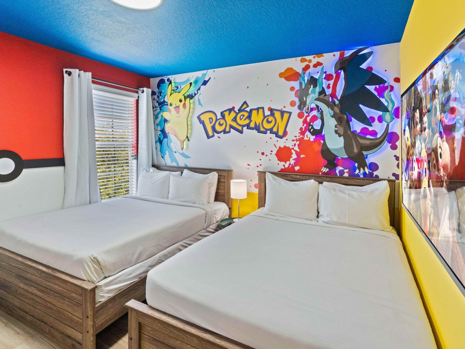 Pokémon bedroom with 2 double beds