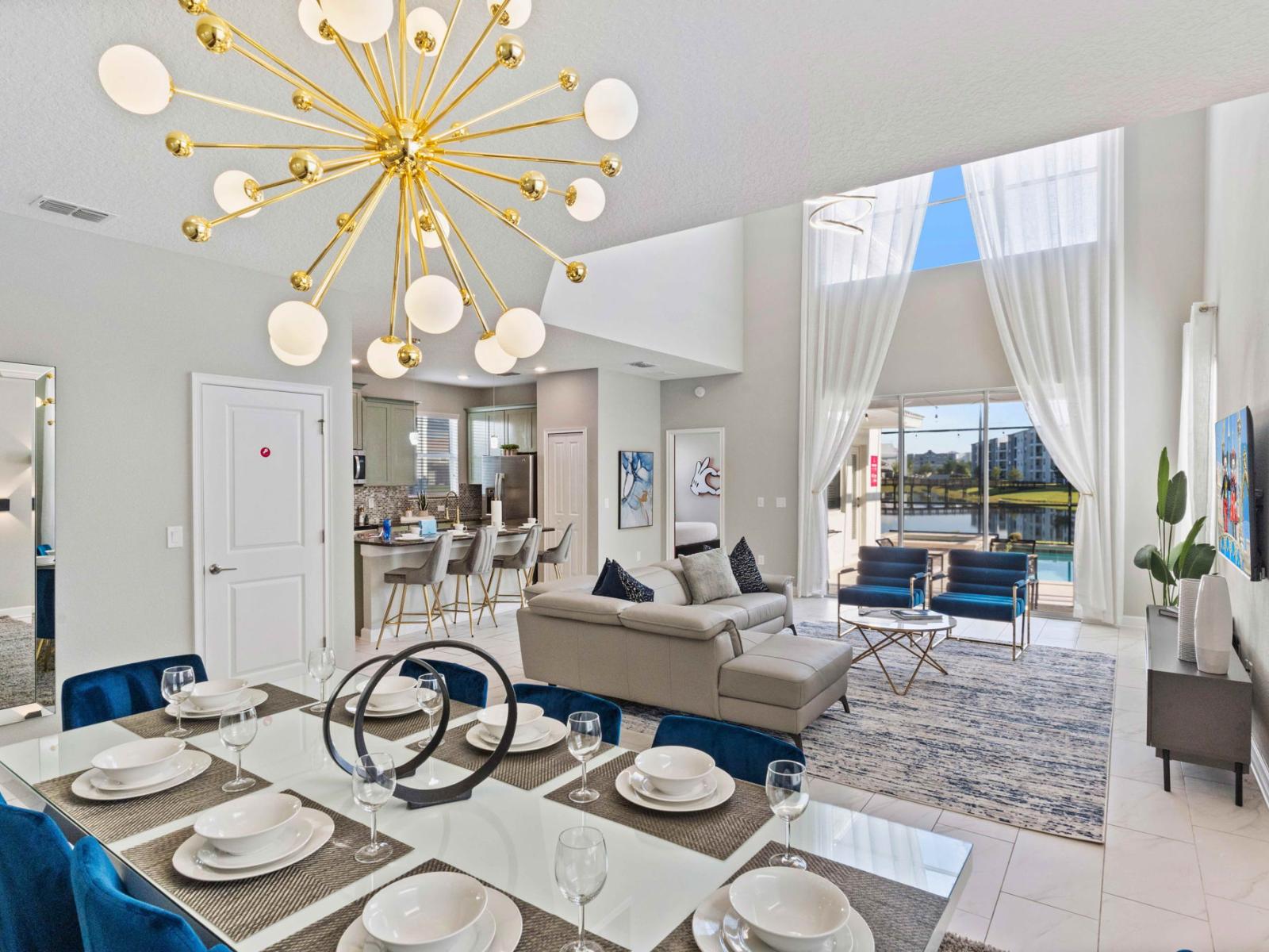 Gather round for unforgettable meals in the dining area, boasting eight comfortable dining chairs. From lively family dinners to intimate gatherings with friends, this spacious setting invites you to enjoy delicious food and create lasting memories.