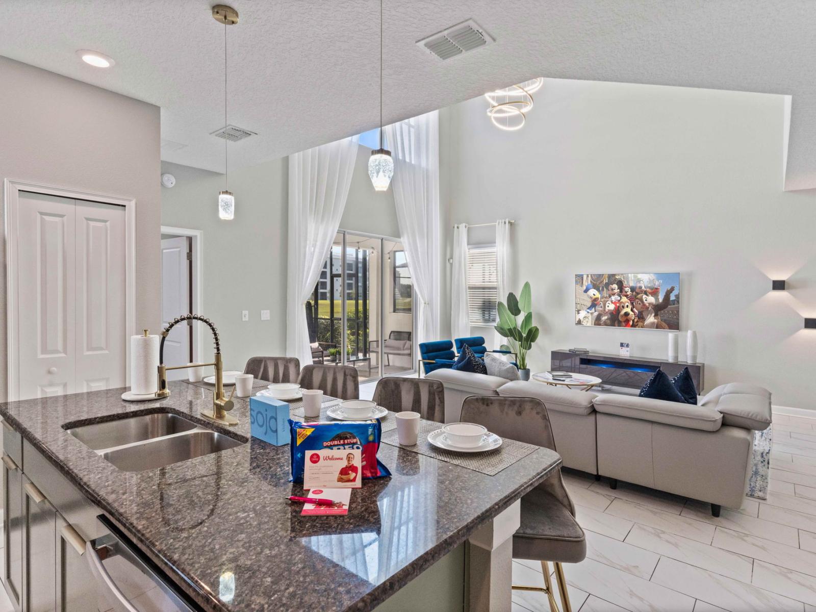 Savor the culinary delights of the kitchen bar, complete with four stylish barstools. Perfect for casual dining or enjoying a quick snack, this inviting space combines functionality with modern design.