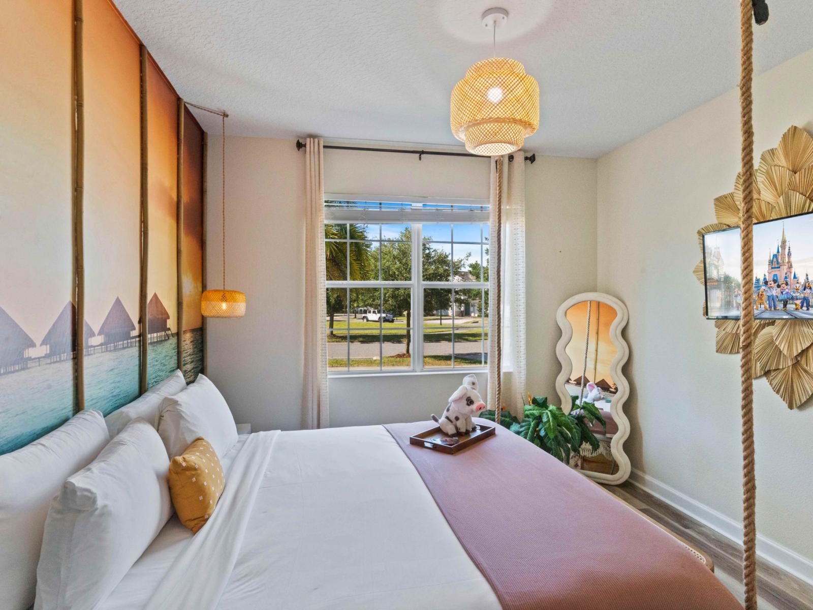 Escape to the tropics in this bedroom, where vibrant décor and lush accents transport you to a paradise of relaxation and serenity.