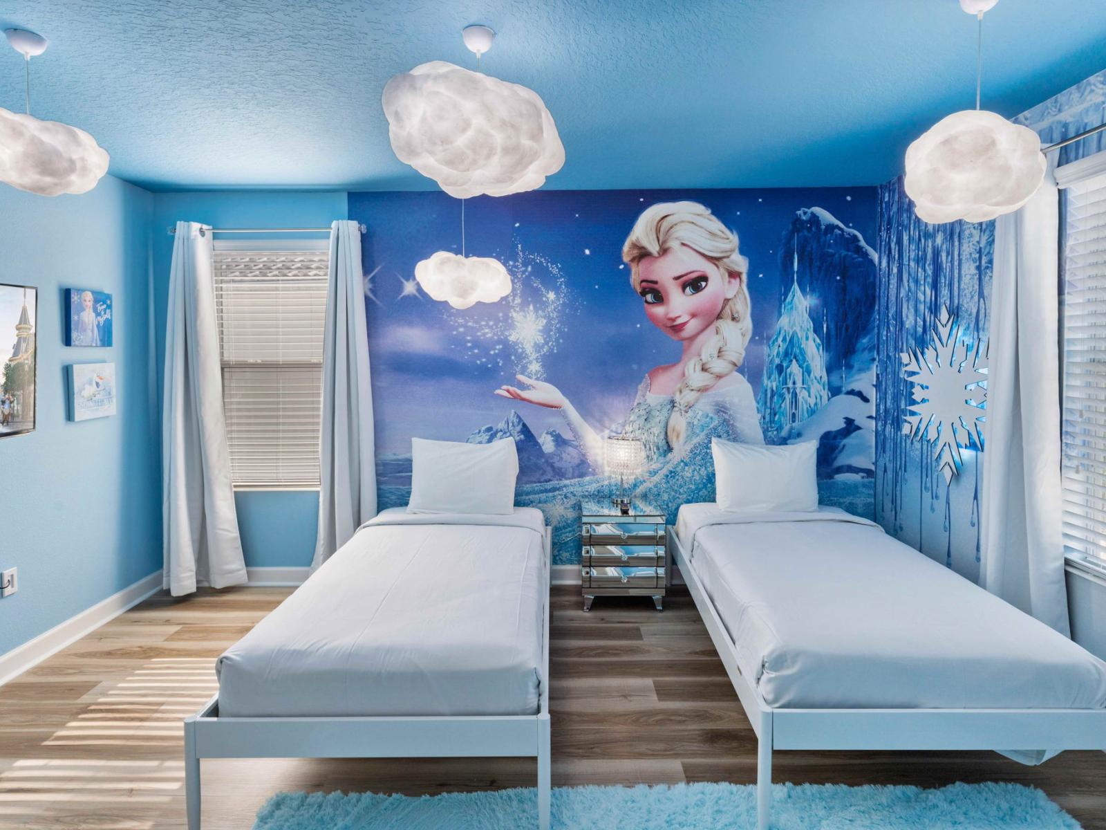 Step into the world of Frozen in our themed bedroom, a cozy retreat to rest before their next journey with 2 single beds and smart TV