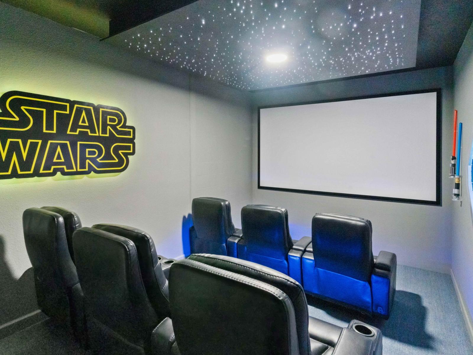 Private theater room of the home in Kissimmee Florida - Entertainment center for movie nights or relaxation - Star Wars themed room with plush seating