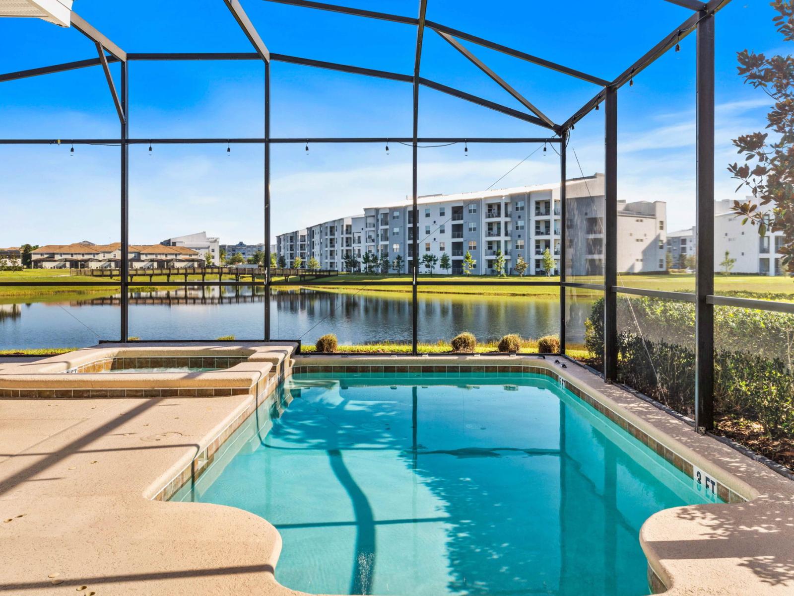 Pool and spa with lake view