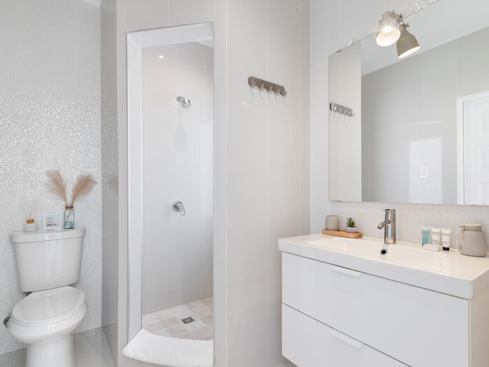 High-class Bathroom of the villa in Aruba - Neat and clean toilet seat - Availability of all bathroom amenities - Beautiful large vanity with large size mirror  - Elegant lighting - Stunning separate shower area - Beautifully tiled bathroom