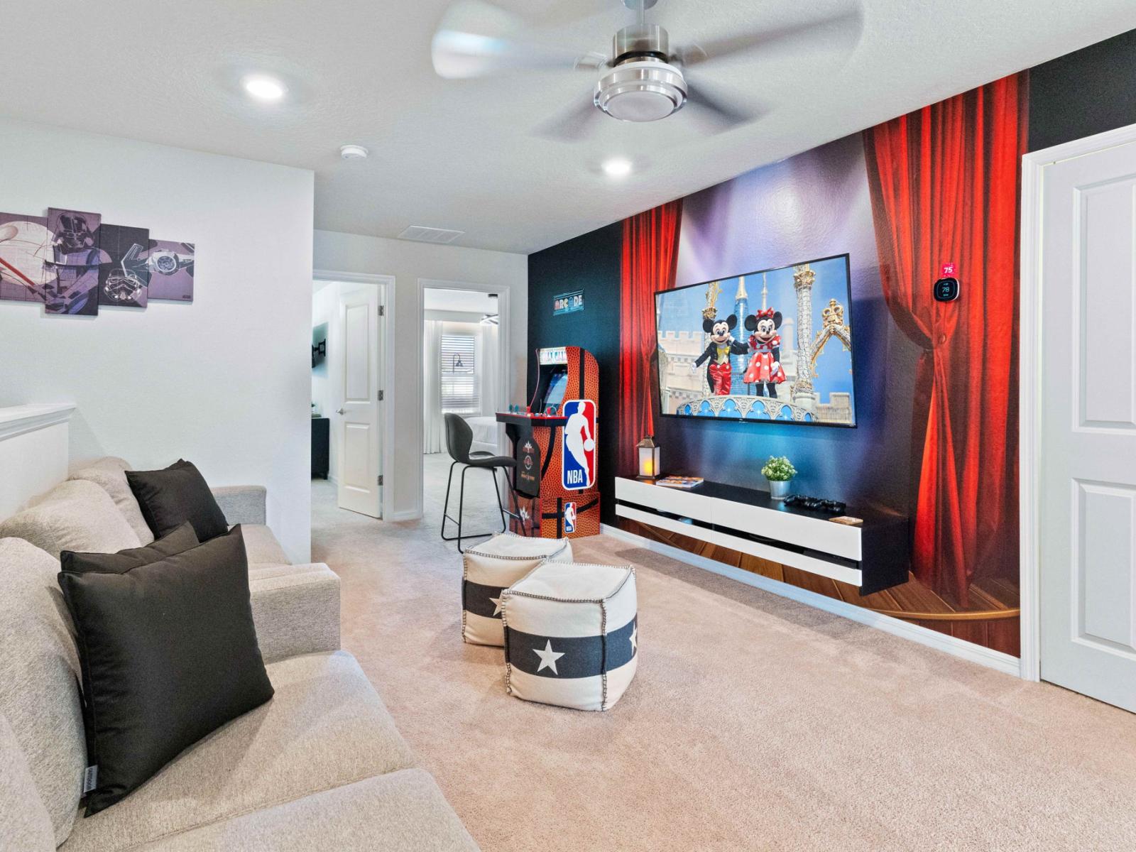 Loft with smart TV,  arcade game and console