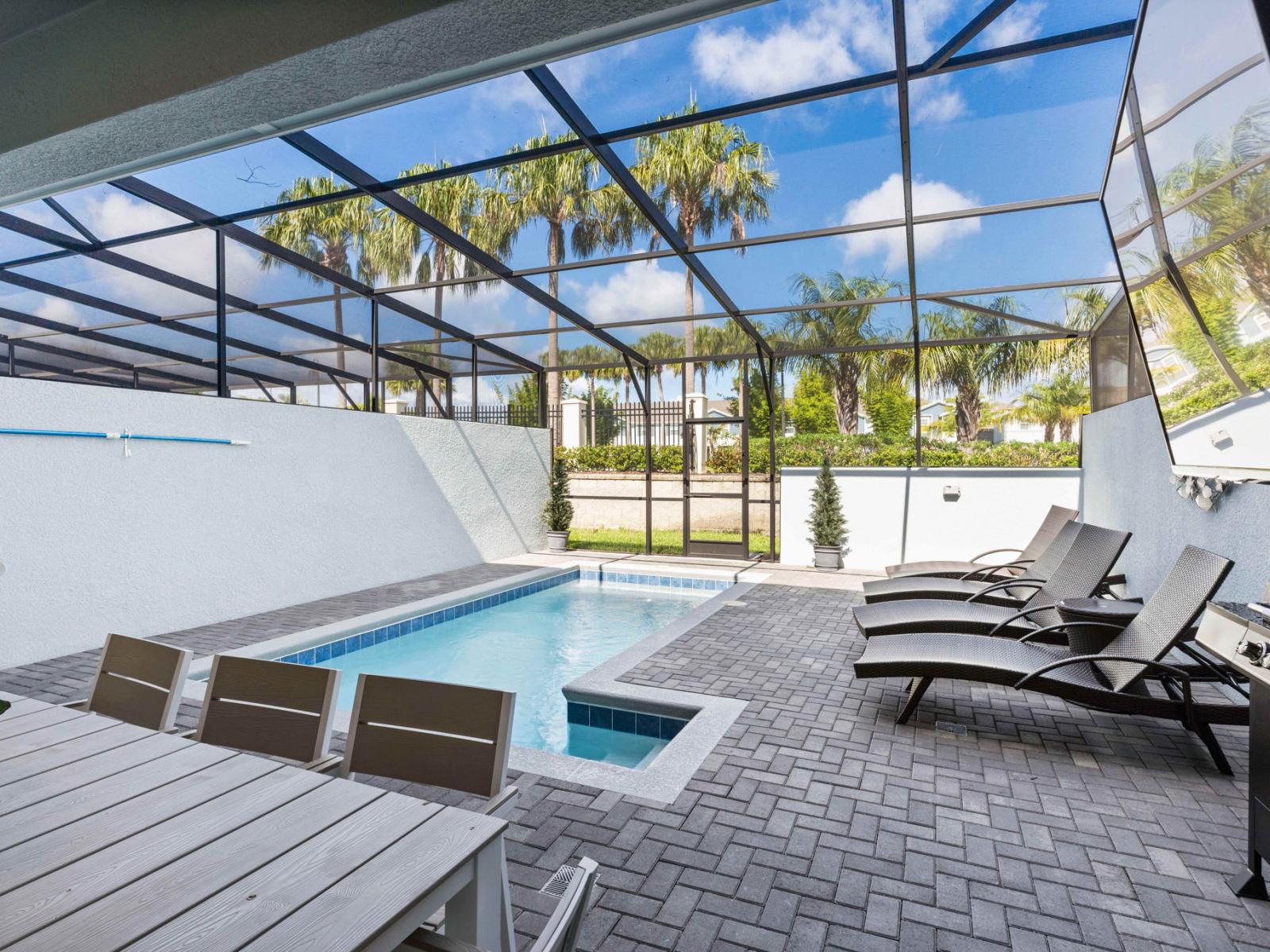 Pool area with outdoor dining