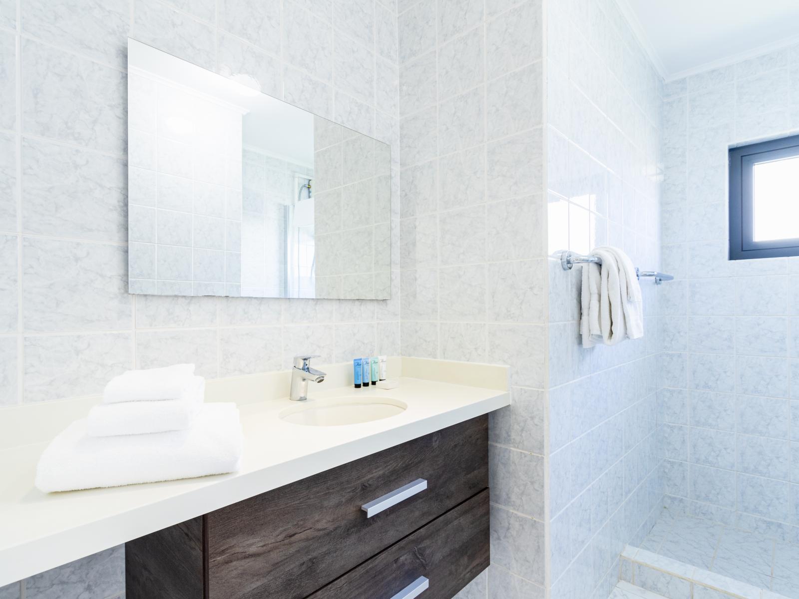 Superb Bathroom of the Villa in Noord Aruba - Elegant bathroom with high-end fixtures and finishes - Well-lit space with strategically placed mirrors for a spacious feel