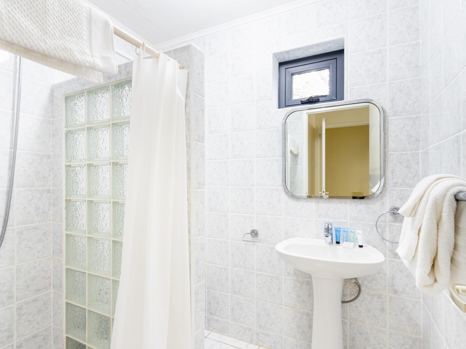 - Polished Bathroom of the Villa in Noord Aruba - Walk in shower Area - Sophisticated color palette creating a serene ambiance - Ample natural light highlighting the elegant tilework