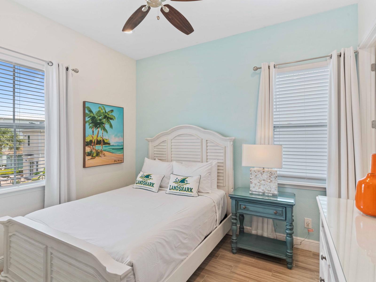 Magnificent bedroom of the townhouse in Reunion Florida - Bright and airy bedroom with windows for natural illumination - Bedroom with a cozy ambiance, blending comfort and aesthetics - Cozy retreat with a plush bed, perfect for relaxation