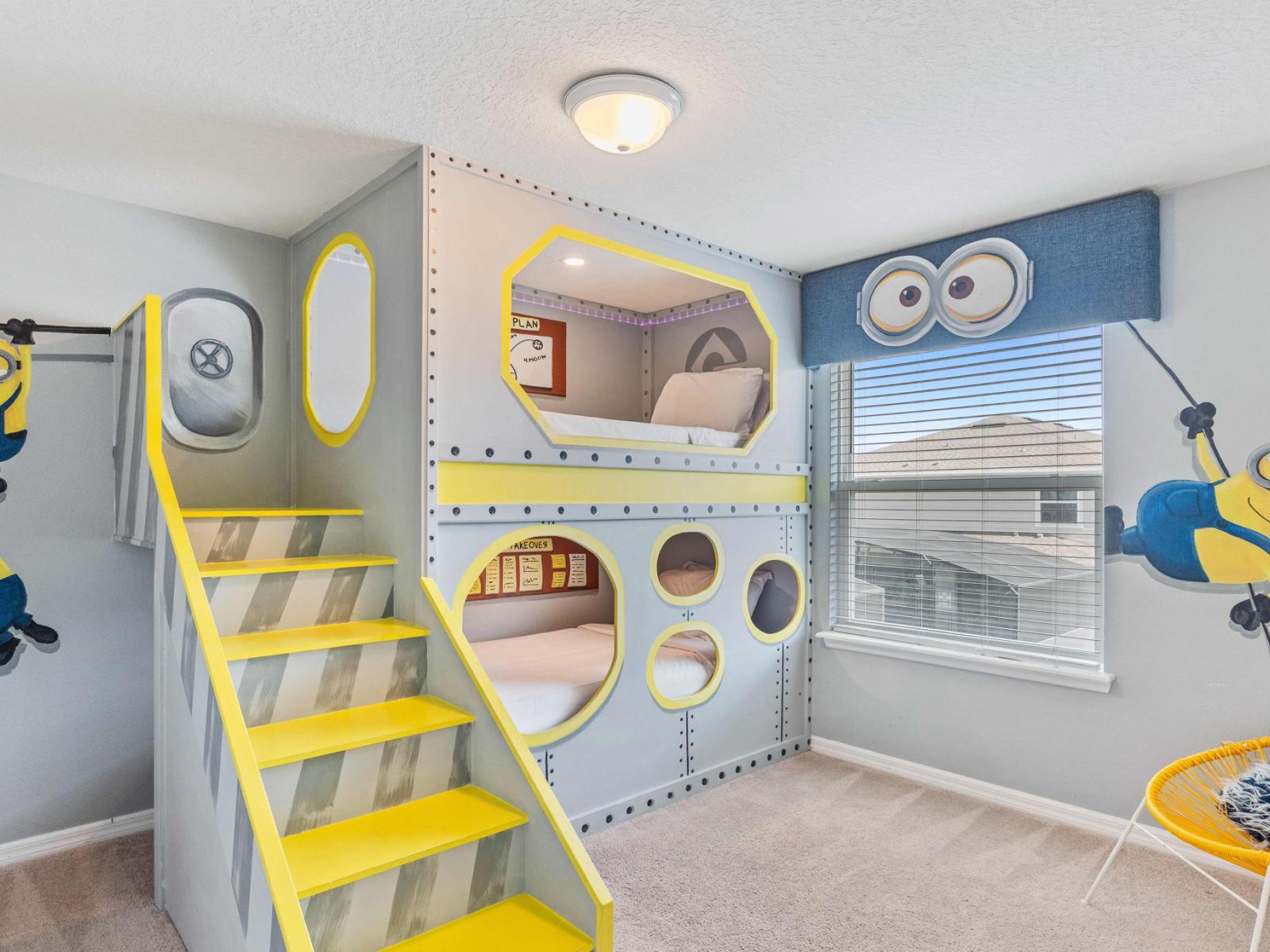 Welcome to the Minion-themed bedroom, where the whimsical world of minions comes to life. With two single beds adorned in playful motifs, it's a vibrant retreat where imagination runs wild and laughter fills the air.