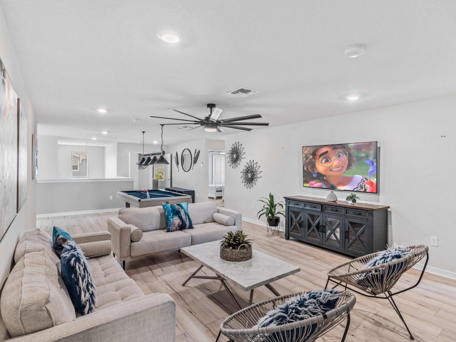 Loft area with pool table, mini bar and smart TV