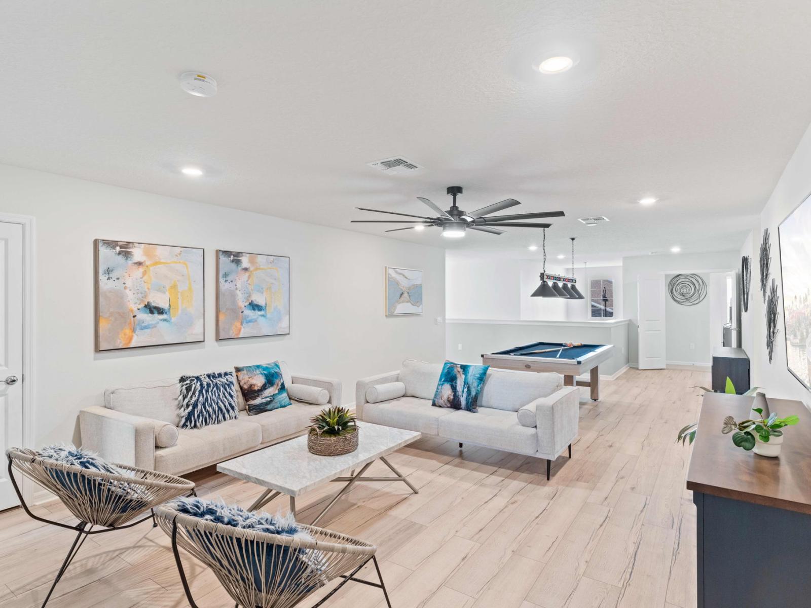 Loft area with pool table, mini bar and smart TV