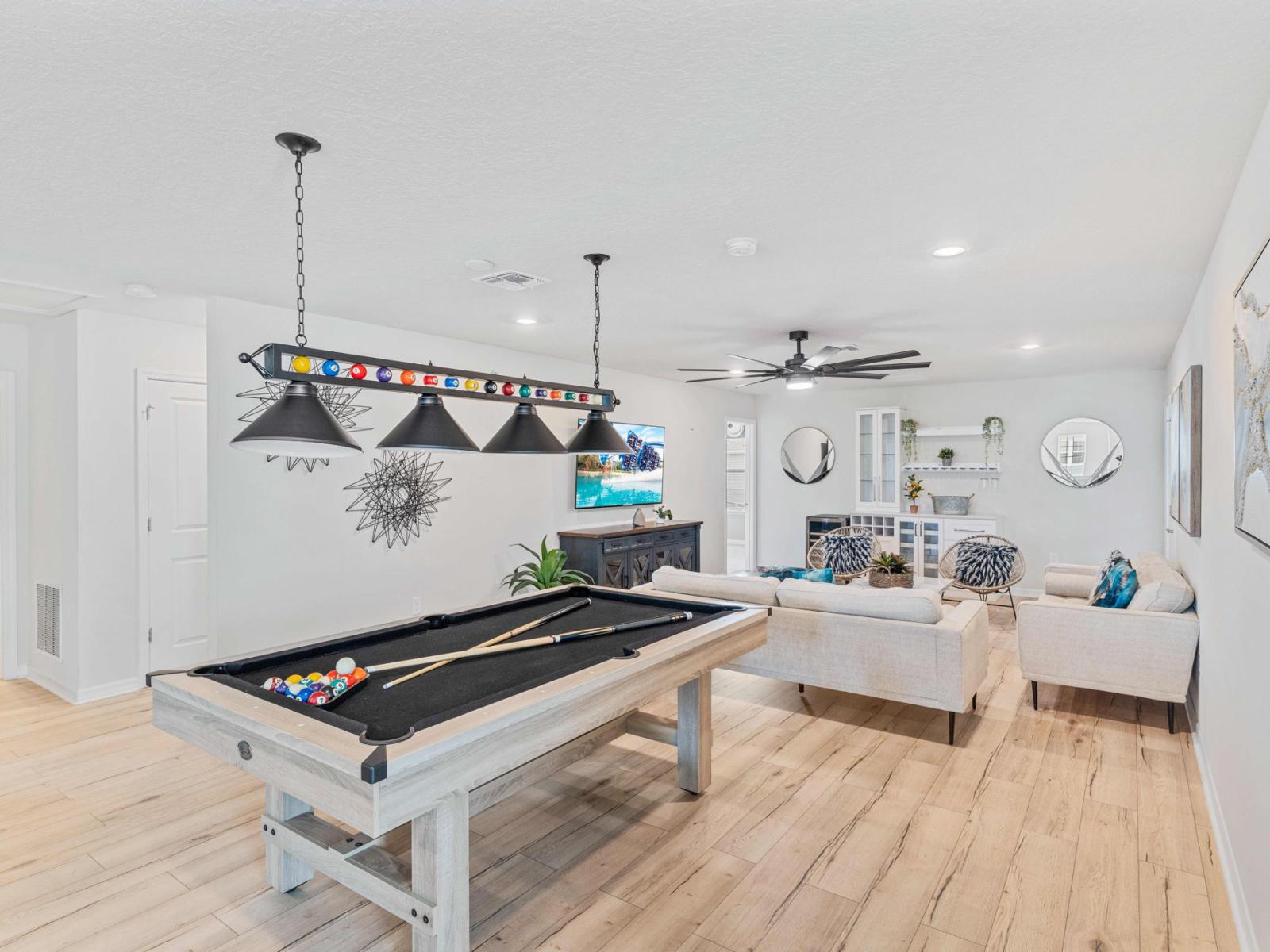 Loft area with pool table, mini bar and smart TV