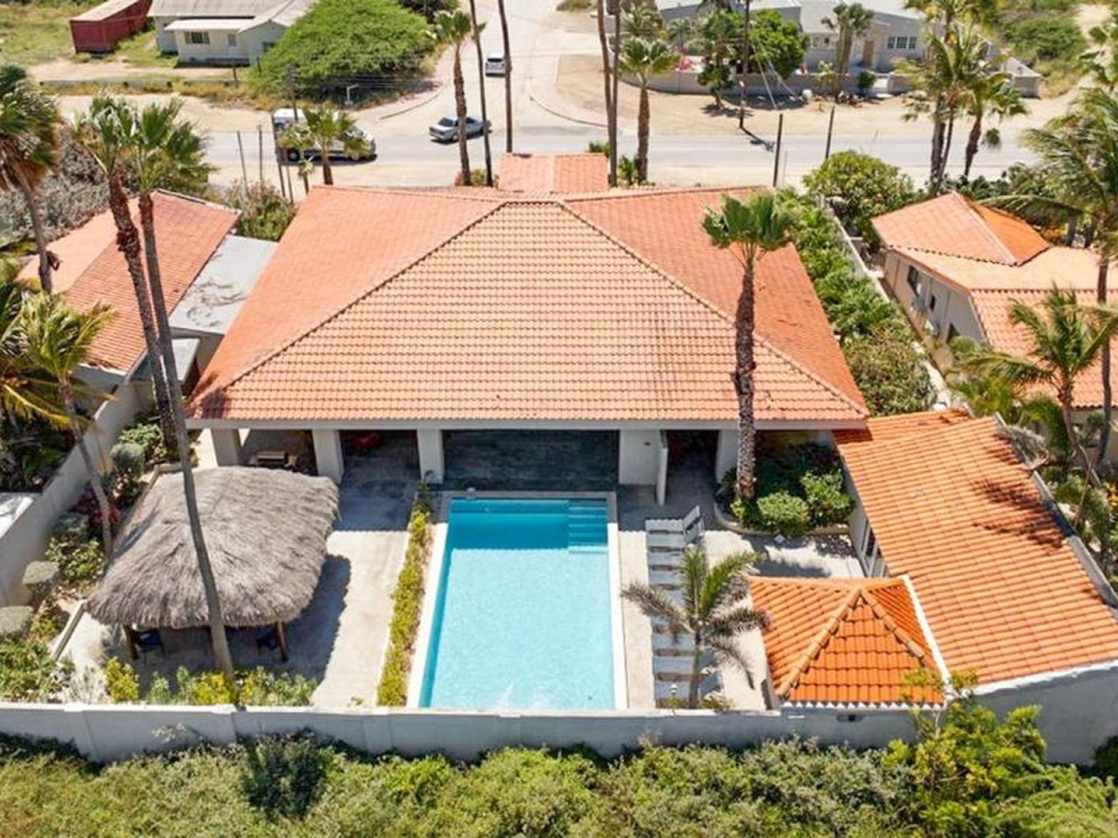 Aerial shot of the home's backyard, showcasing its spacious and inviting layout.