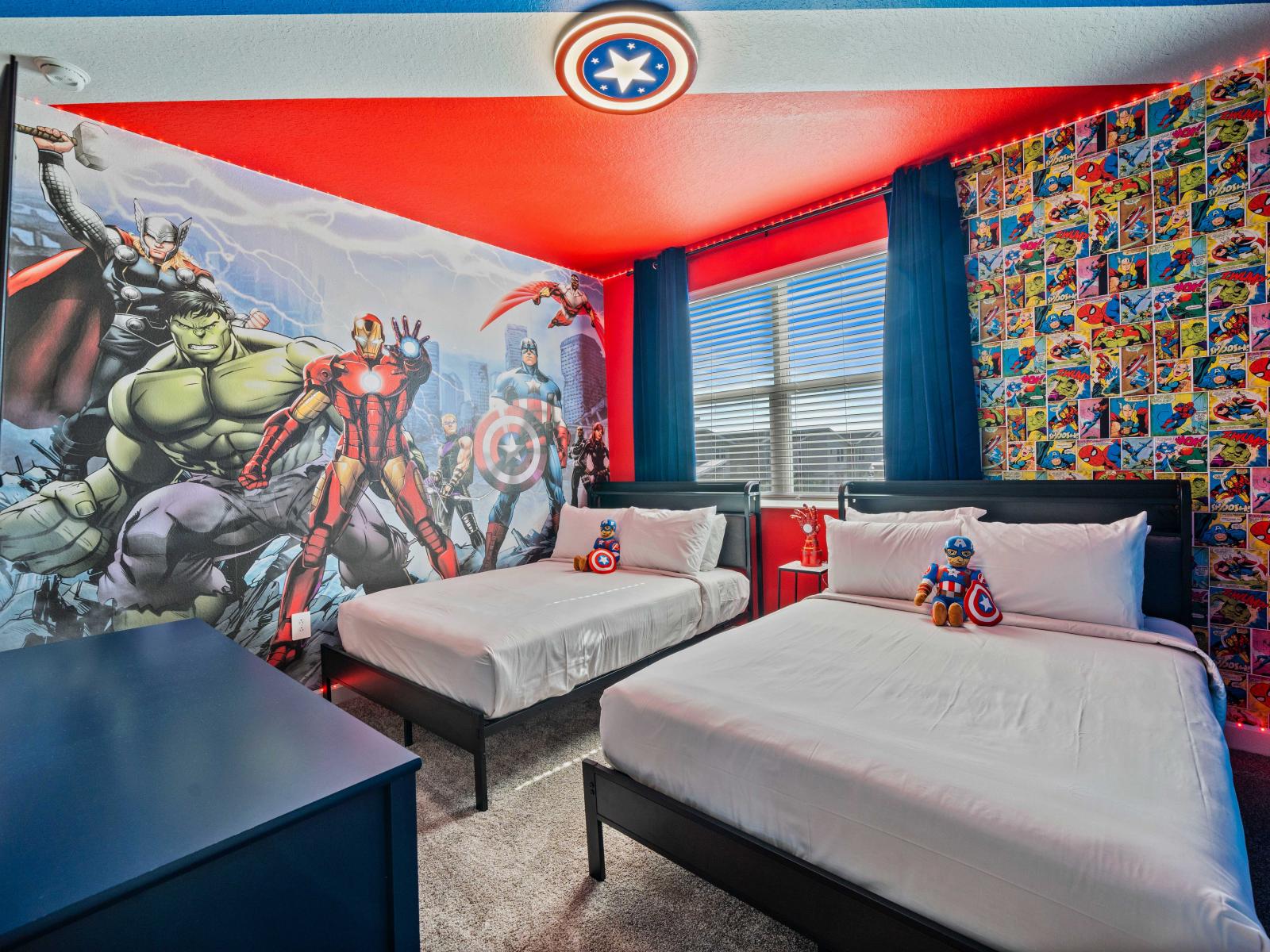 Avengers Themed Bedroom of the Home in Davenport Florida - Offering a comfortable and exciting retreat inspired by iconic superheroes - Smart TV and Netflix - Bright and airy bedroom with large windows for natural illumination