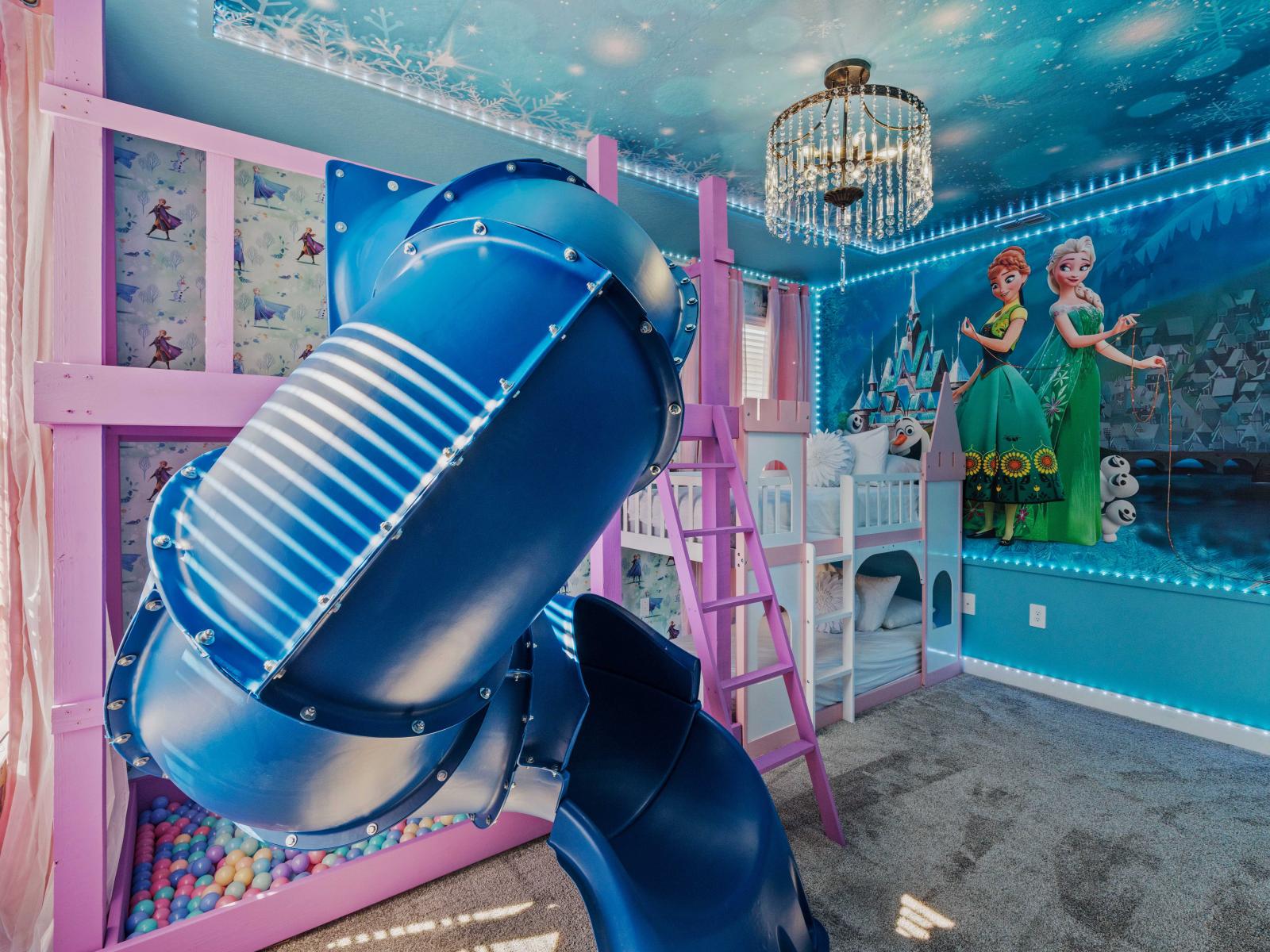 Lush Bedroom of the Home in Davenport Florida - Embark on an adventure through Arendelle in Frozen-themed bedroom - Featuring bunk beds and a slide that promise excitement