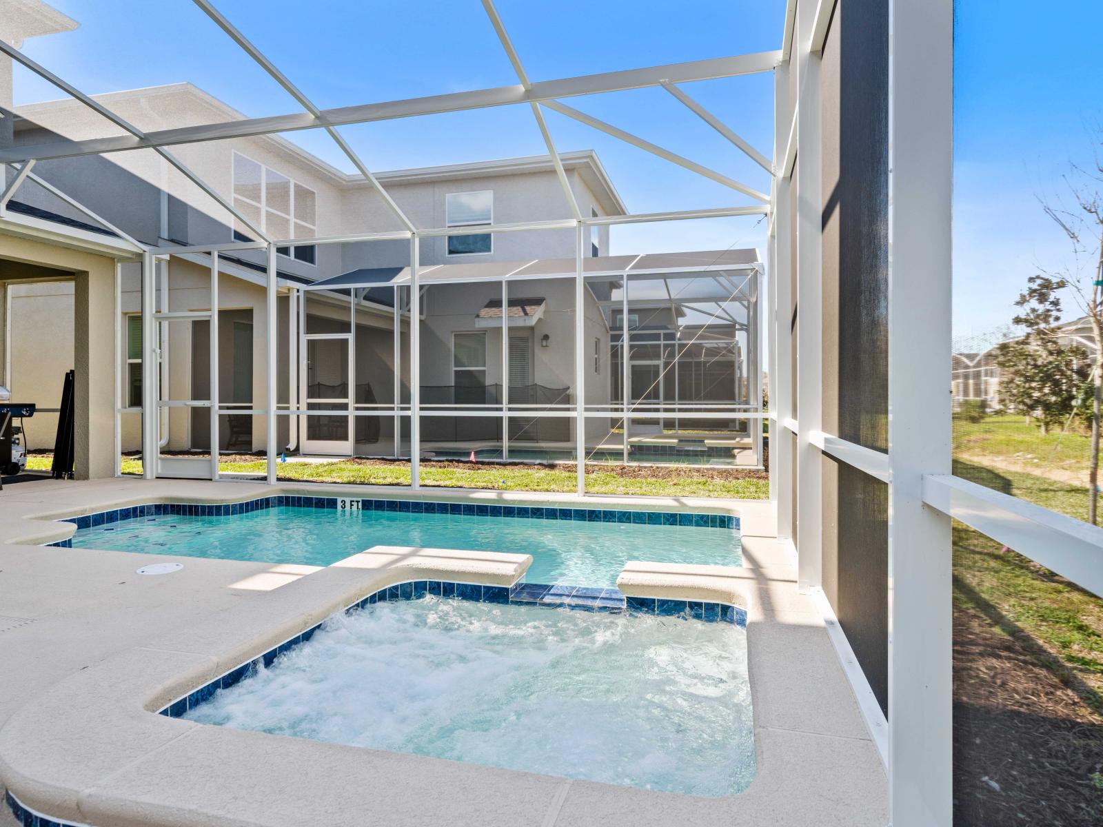 Lush Private Pool Area of the Home in Davenport Florida - Provides a relaxed atmosphere for unwinding - Space for swimming, games, and activities - Poolside dining perfect for enjoyment and relaxation