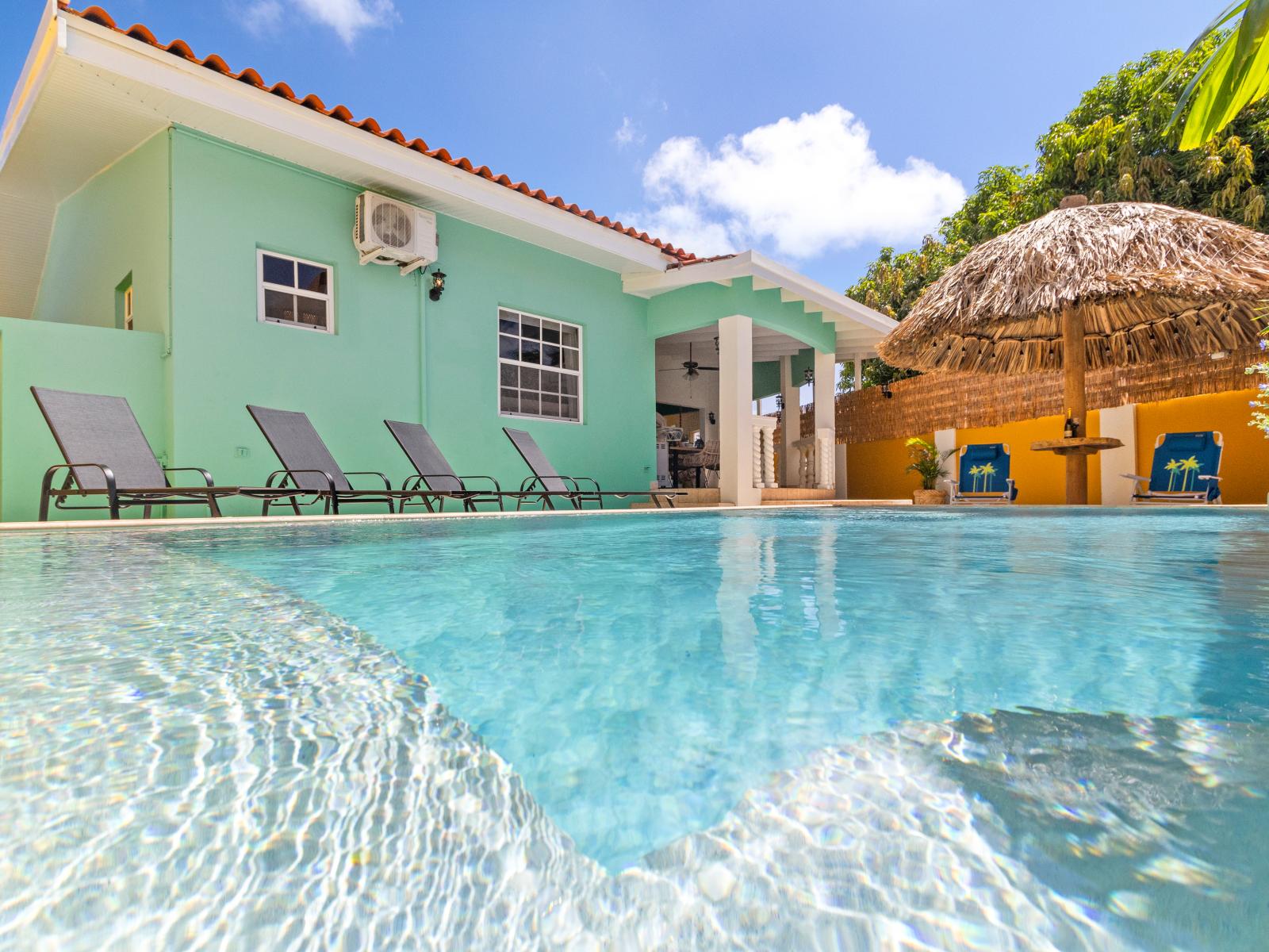 Beautiful Pool area of the 3BR House in Noord, Aruba - Cosy Beach chairs available - Stunning 2 comfy sofas with a table under an umbrella shade - Refreshing Environment - Lush and evergreen space of the apartment for relaxing