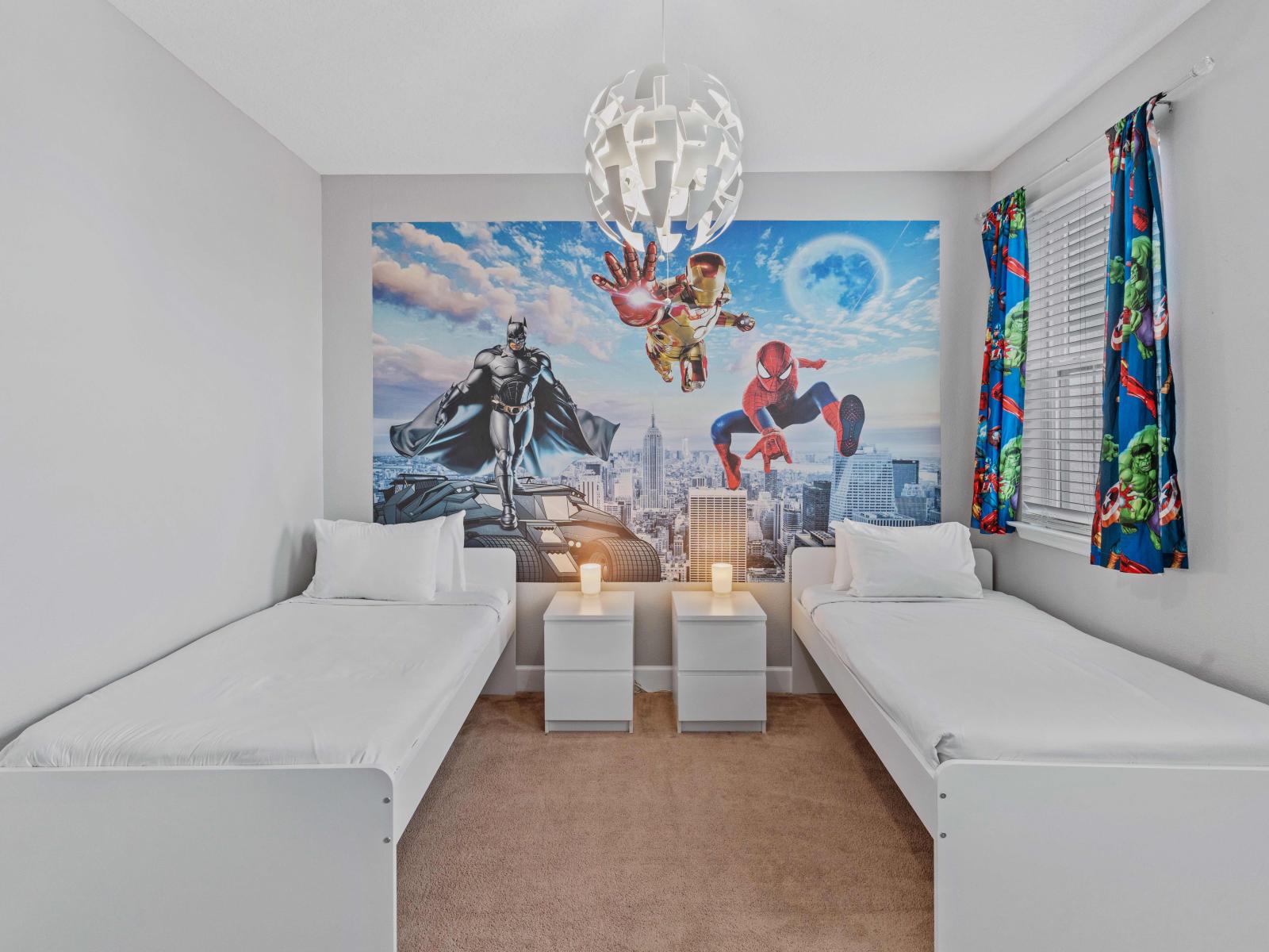 Super Heroes Themed Bedroom of the Townhouse in Davenport Florida - Offering two single beds - Modern and stylish decor that complements the space - Elegant lighting