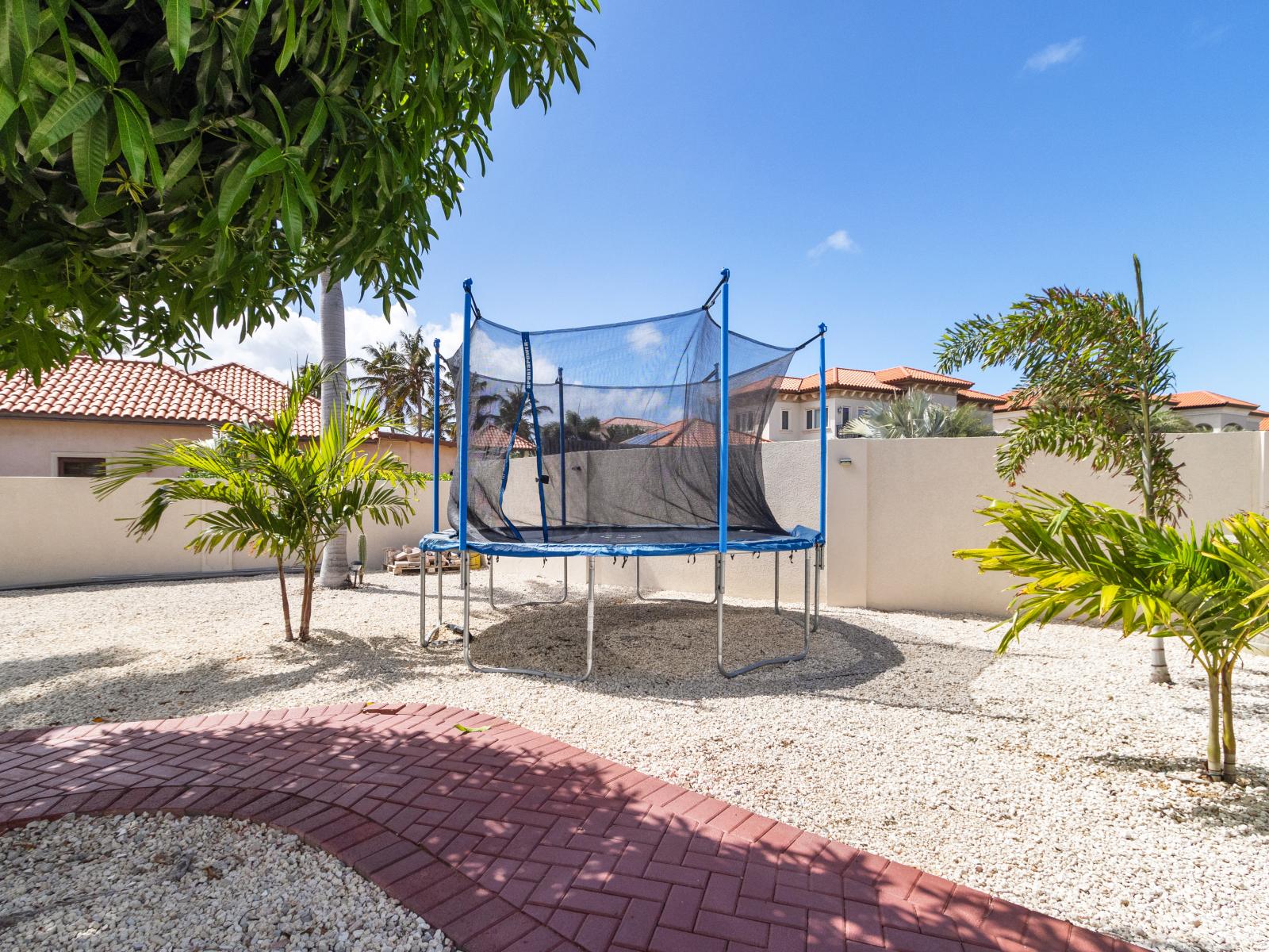 A trampoline at the 5BR house in Noord Aruba - A picturesque Area adorned with lush greenery - A charming avenue enveloped in vibrant green hues - Offering a fun and enjoyable outdoor activity