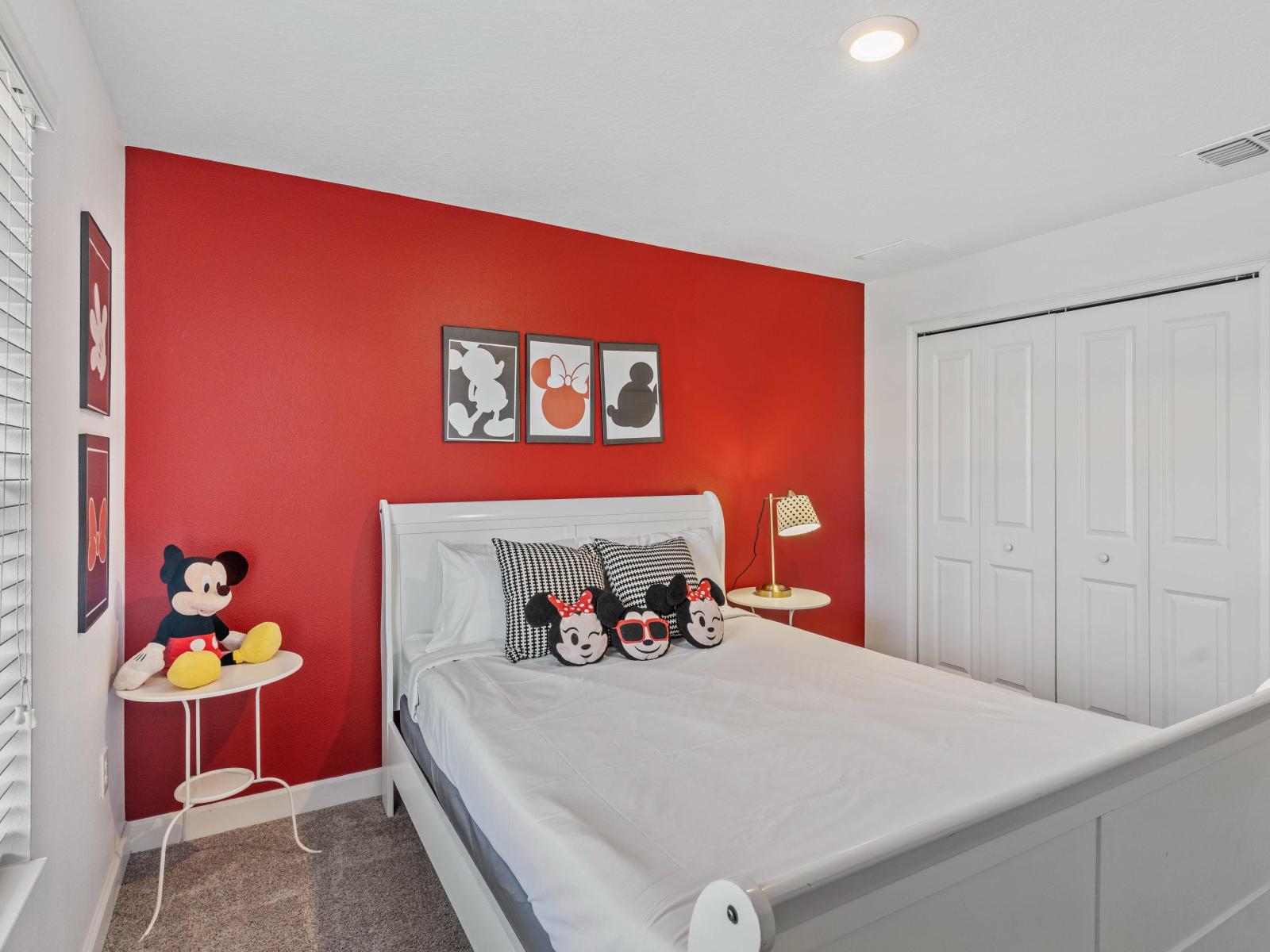 Experience the magic of Disney with our Mickey-themed room, complete with cozy double bed. - Stunning wardrobe with sufficient space - Enjoy the Availability of Smart Tv and Netflix - Indulge in mesmerizing views from the windows of the room