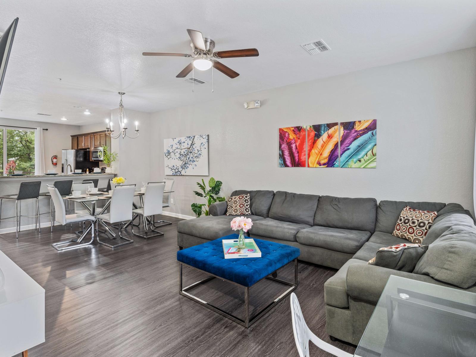 Living room with indoor fireplace and large smart TV