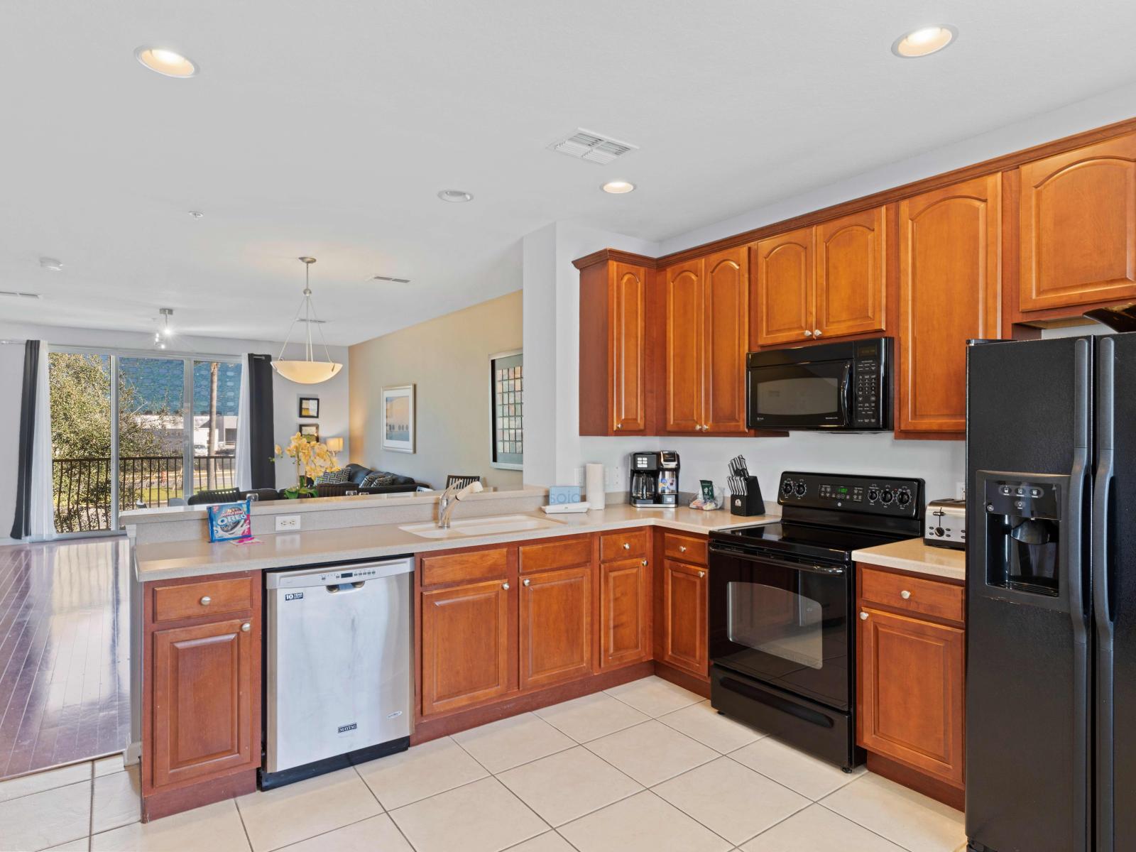 Sleek and Functional: Experience the best of both worlds in our Airbnb – a fully furnished, open-concept kitchen that blends style and practicality effortlessly.