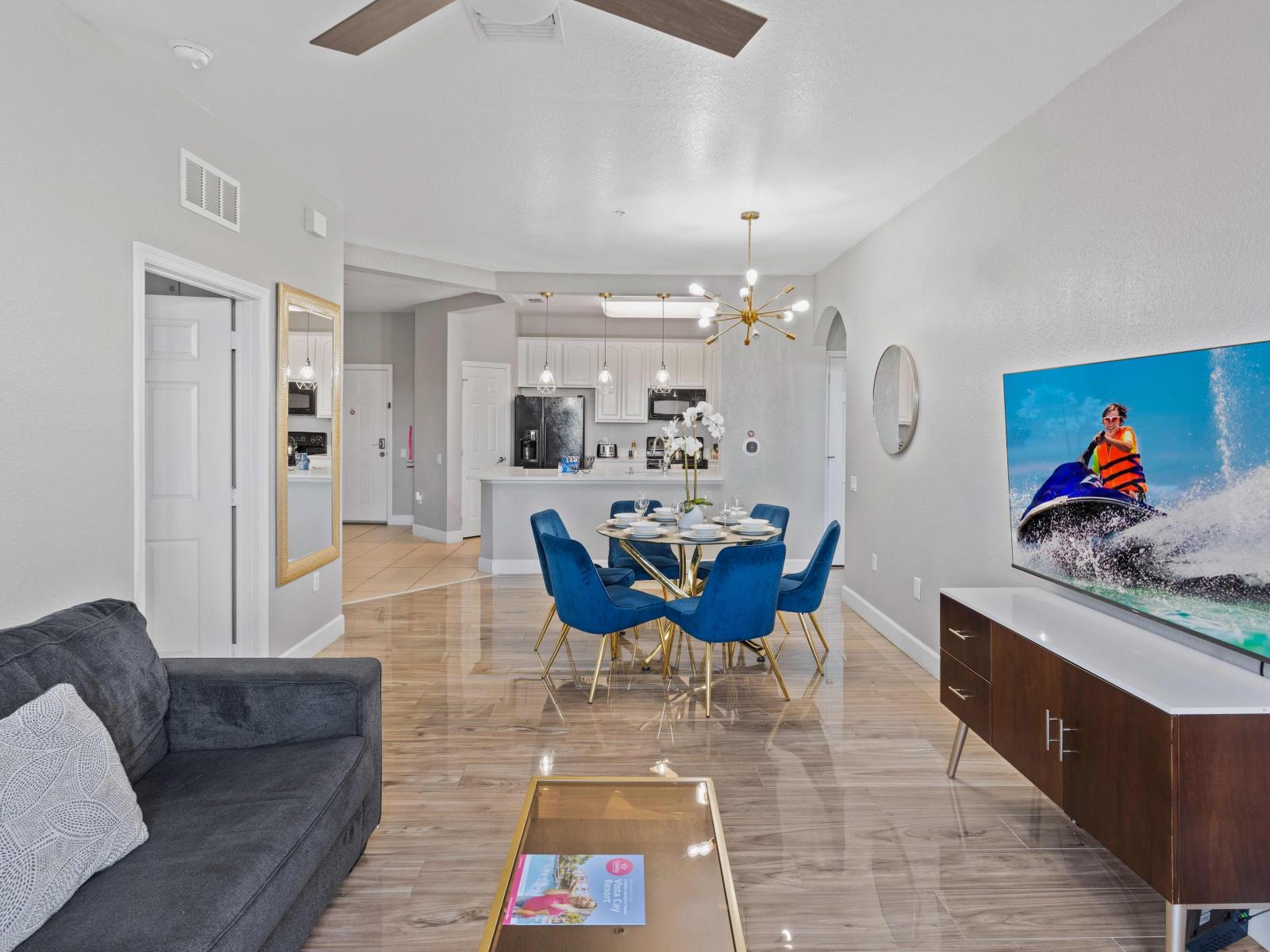 Lavish living area of the condo in Orlando - Smart TV and Netflix - Cozy seating area conducive to relaxation - Chic and contemporary living room design with clean lines and modern furnishings