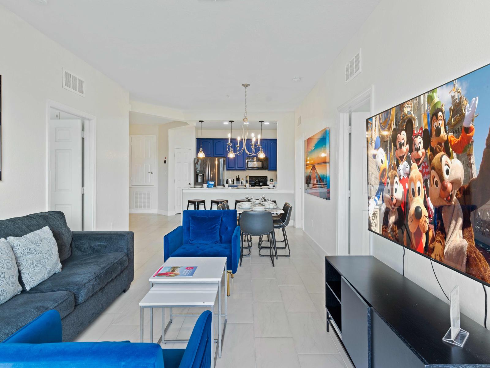 Sublime open living area of the condo in Orlando - Relaxation meets modern comfort while relaxing on comfy sofas - Inviting you to unwind in majestic ambiance create create memories in style with your loved ones