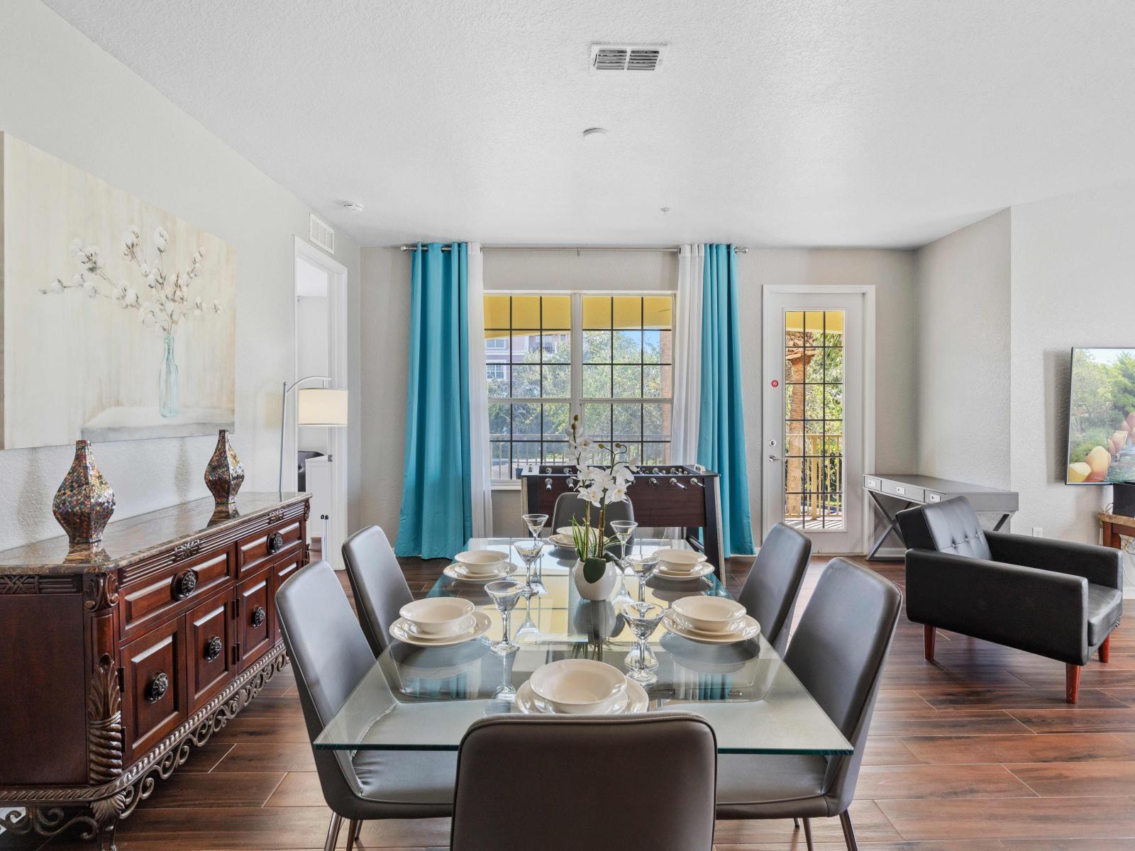 The elegant dining area, adorned with exquisite fixtures, exudes refined charm and timeless beauty. A setting where every meal becomes a celebration, promising memorable gatherings and cherished moments in style.