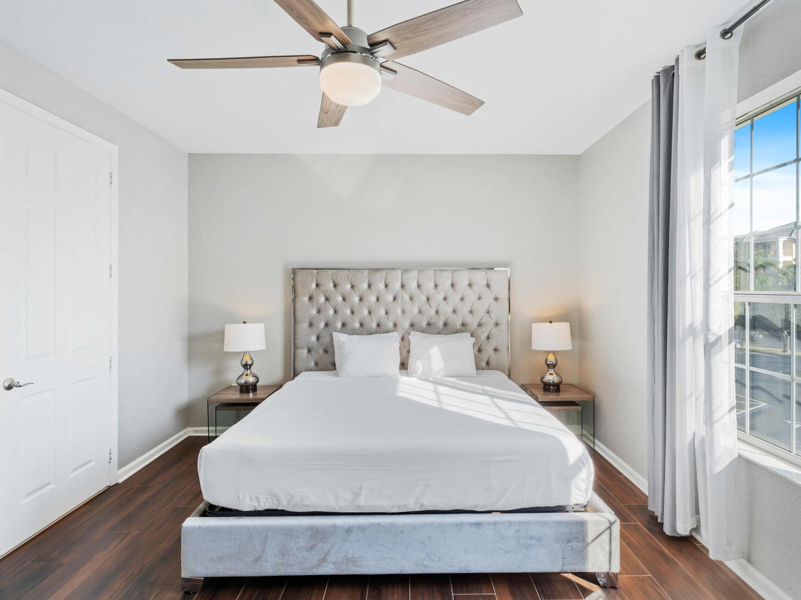 Unwind in the spacious comfort of Bedroom 1, complete with a luxurious king-size bed. Adjacent, discover the opulent ensuite bathroom boasting a lavish tub, walk-in shower, and double vanity—a haven for relaxation and rejuvenation.