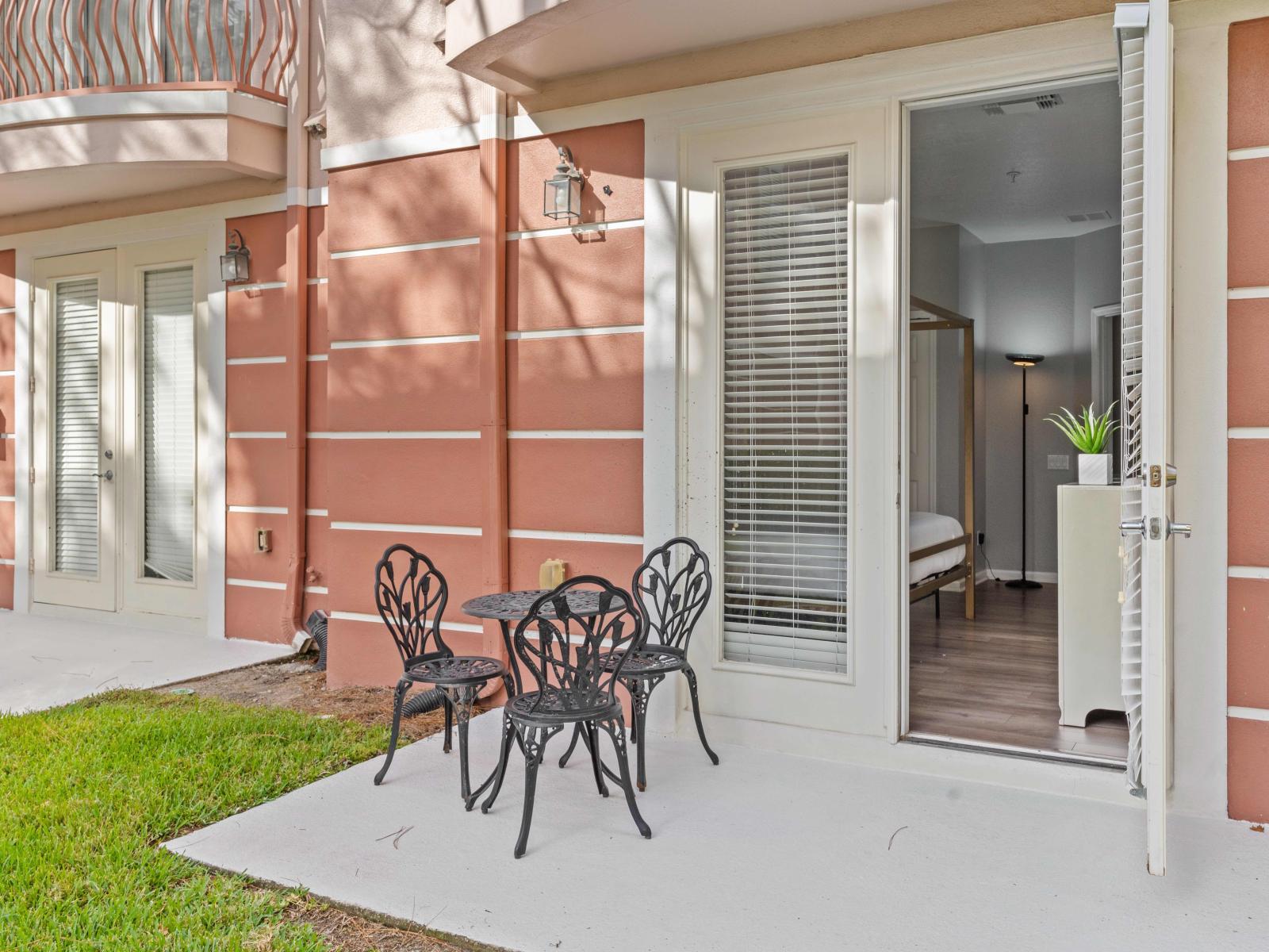 Open-Air Haven: Step onto our charming outside patio, an extension of your bedroom, where tranquility and fresh air create the perfect escape.