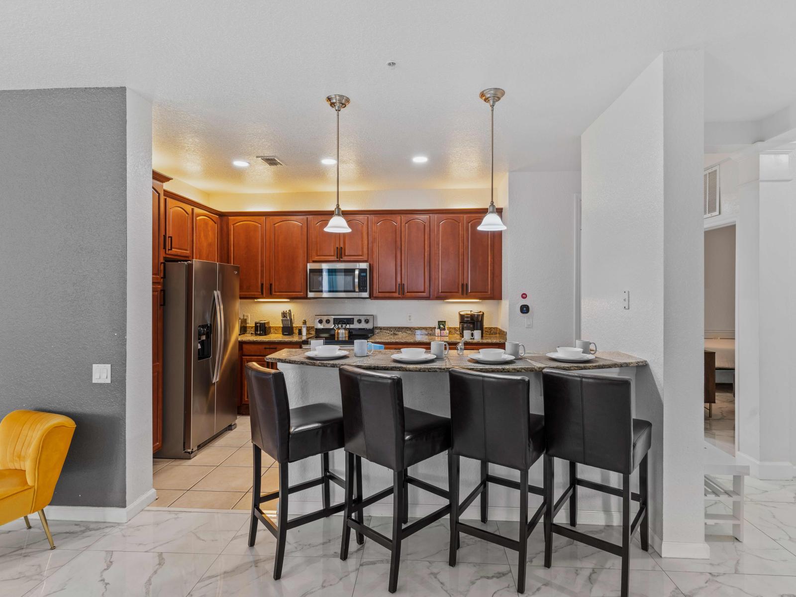 Fully furnished open concept kitchen- a space where all you needs are provided, from preparation of your favorite food or just making coffee for a quick break