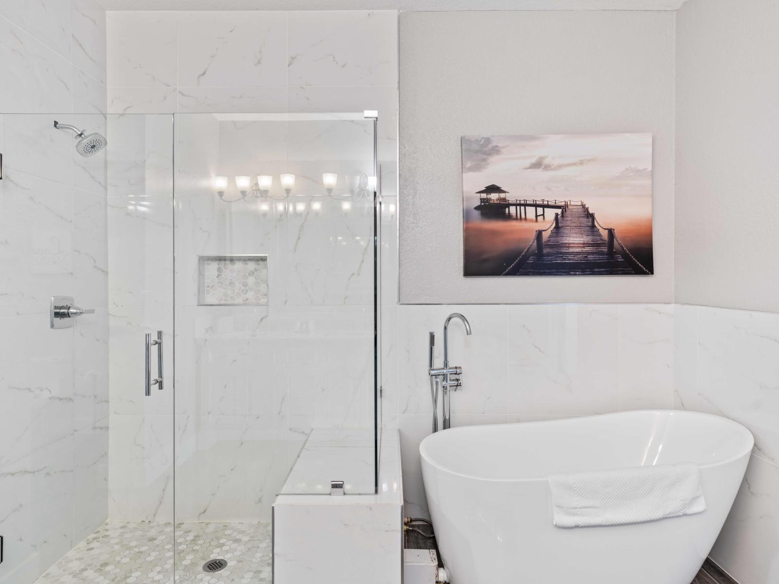 Bathroom 1 with soaking tub, walk in shower and double vanity