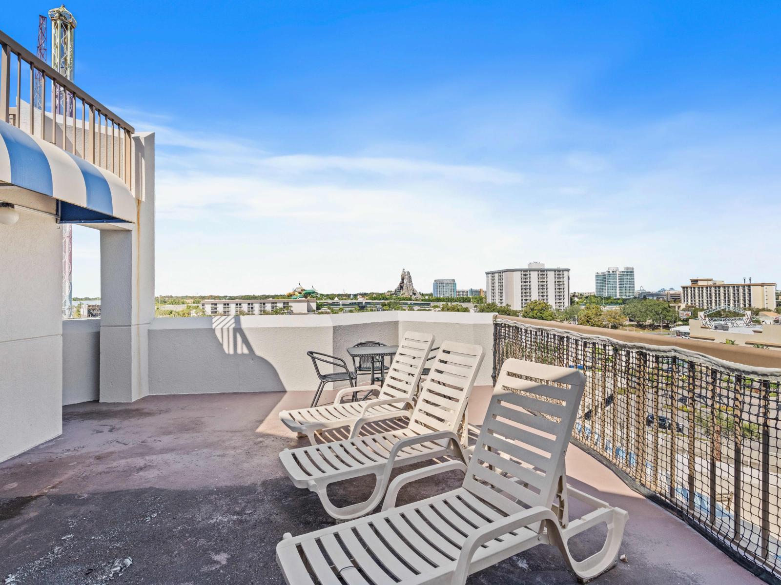 Large balcony with magnificent views of International Drive, Universal and Volcano Bay