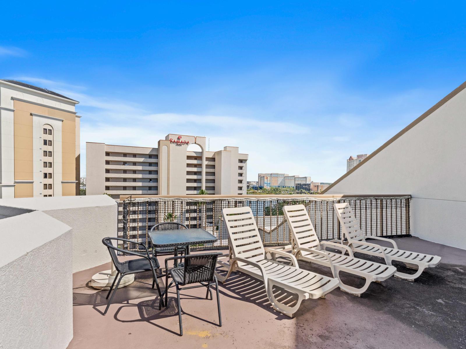 Large balcony with magnificent views of International Drive, Universal and Volcano Bay